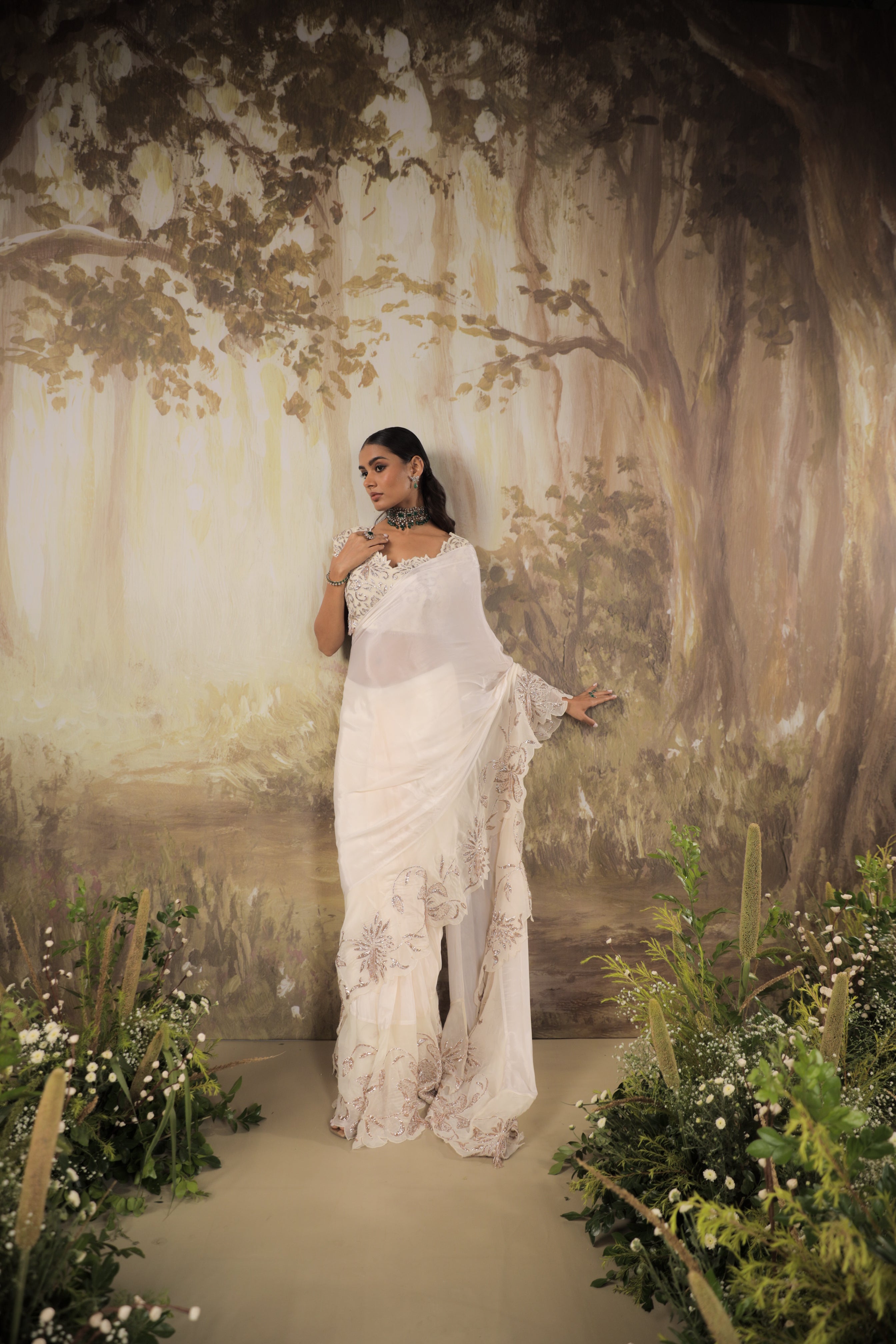 IVORY CHIFFON RUFFLE SAREE SET