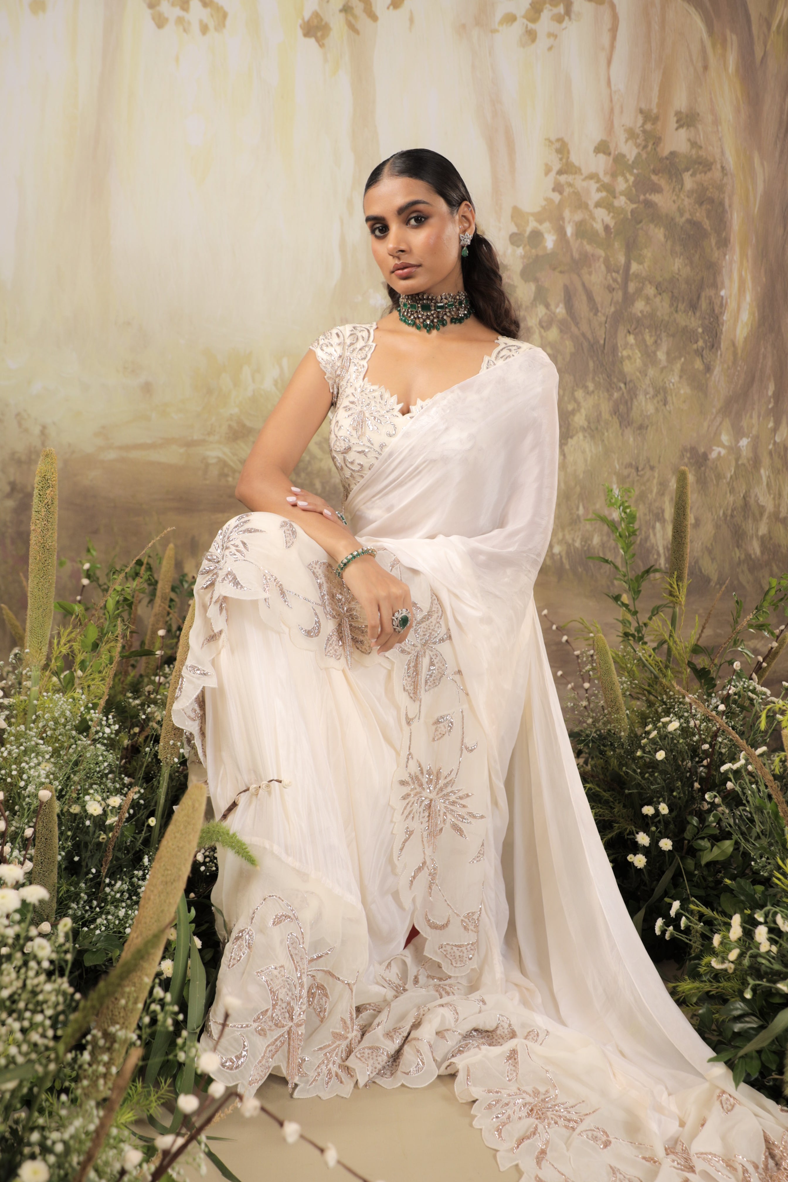 IVORY CHIFFON RUFFLE SAREE SET