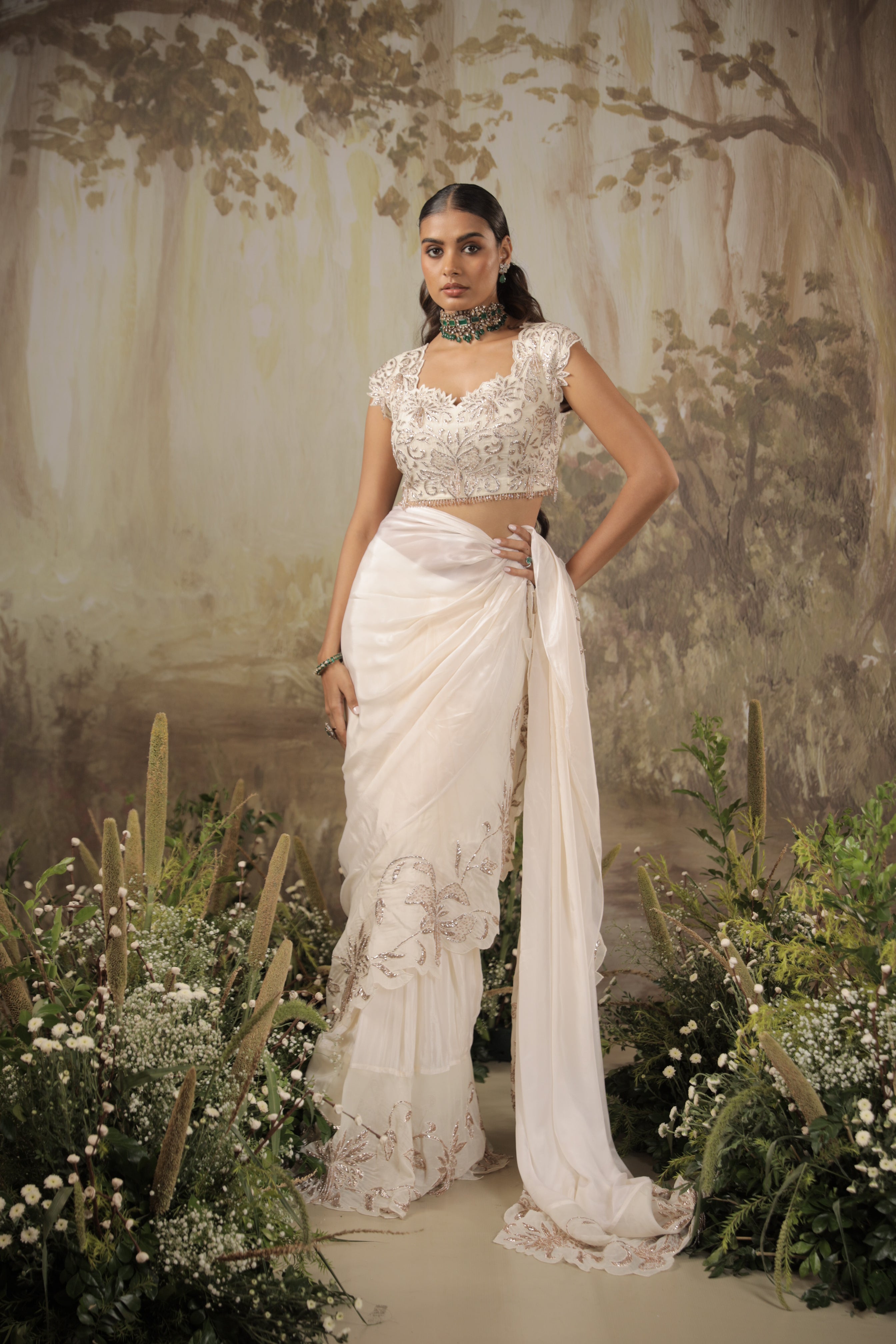 IVORY CHIFFON RUFFLE SAREE SET