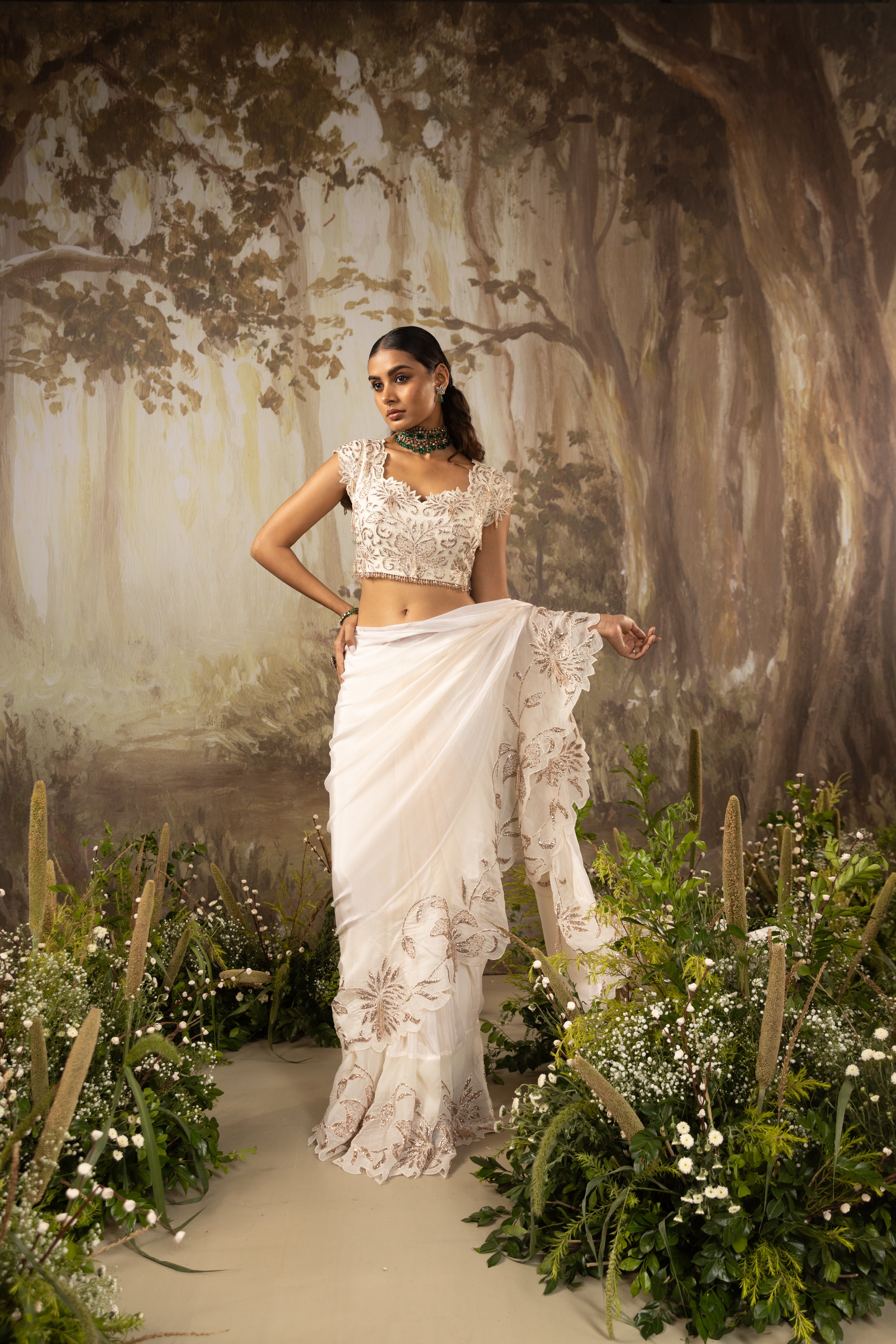IVORY CHIFFON RUFFLE SAREE SET