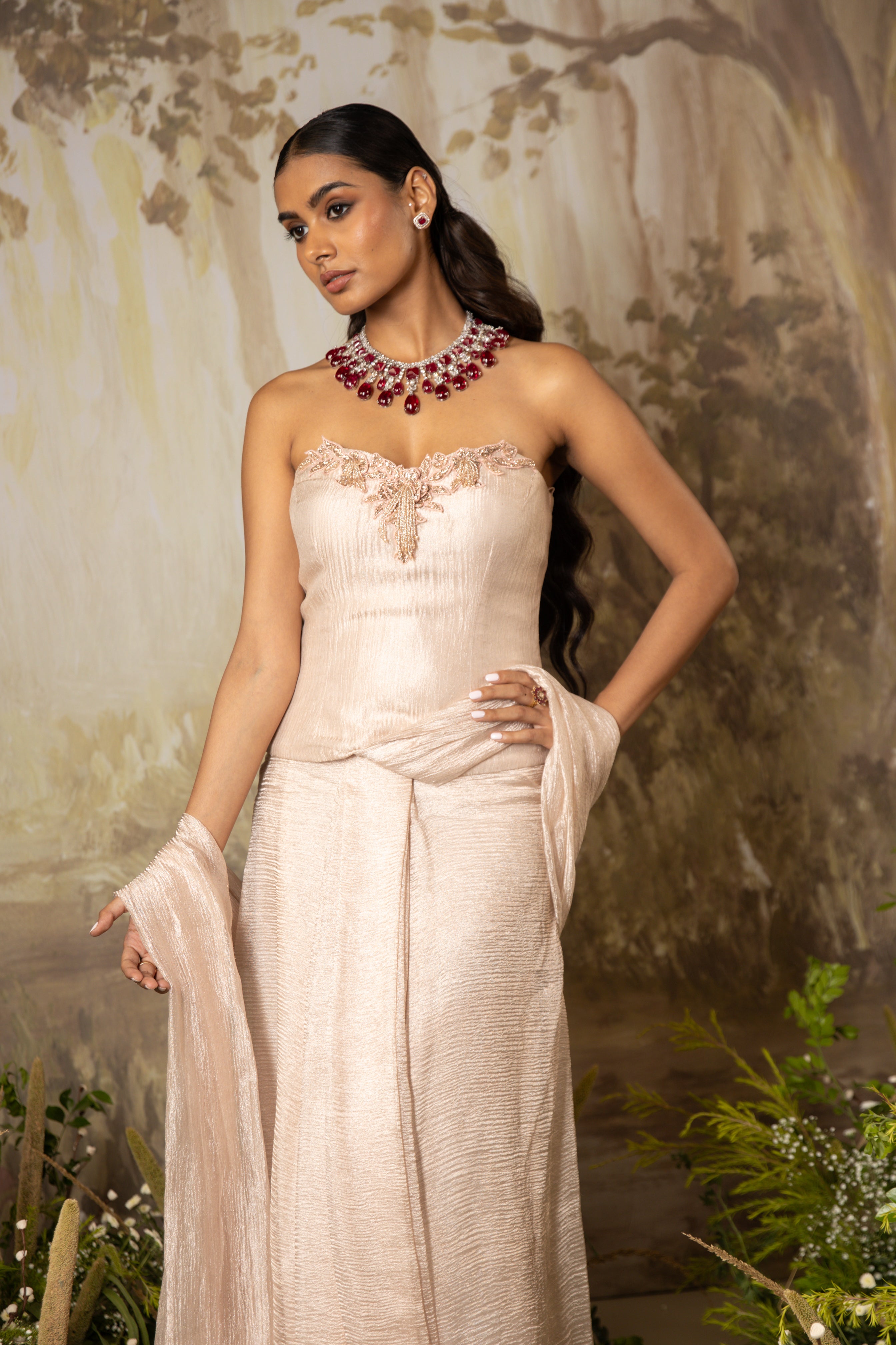 BLUSH BEIGE CORSET DRAPED SAREE SET