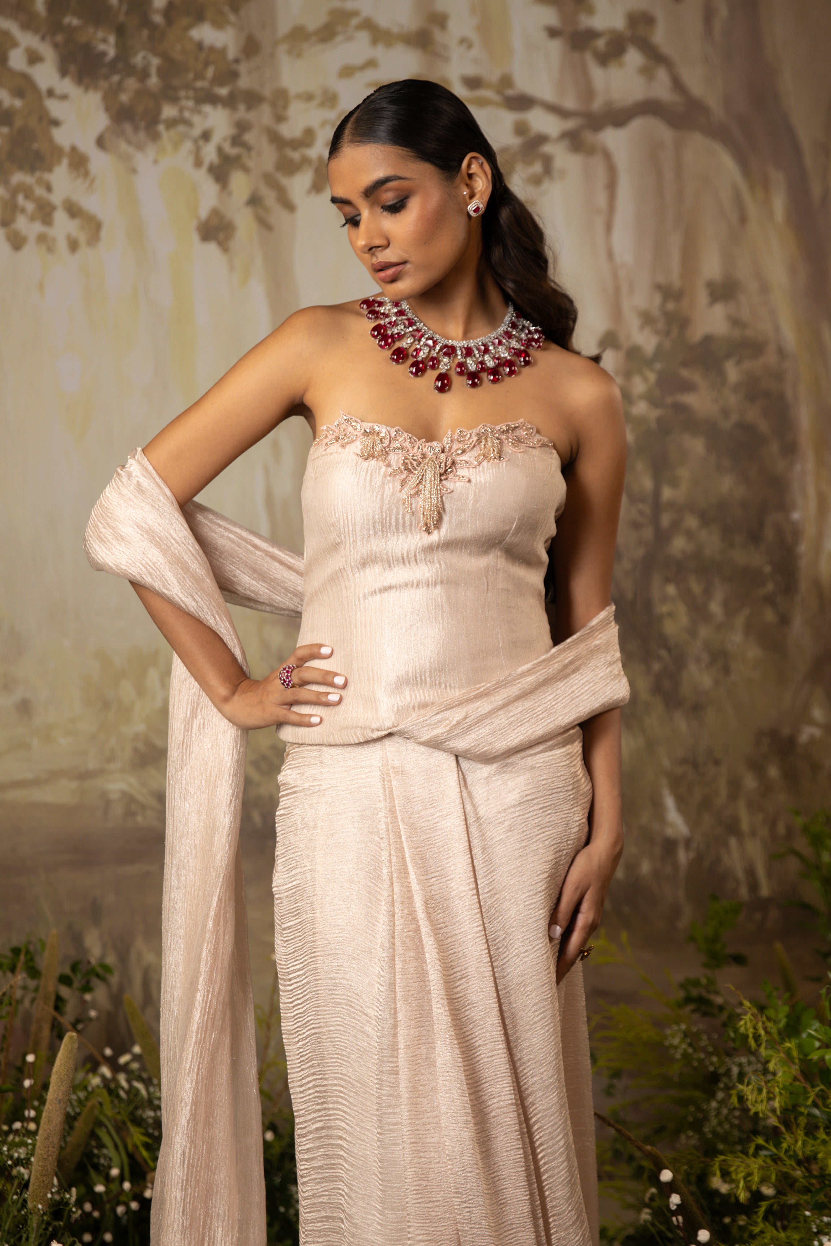 BLUSH BEIGE CORSET DRAPED SAREE SET