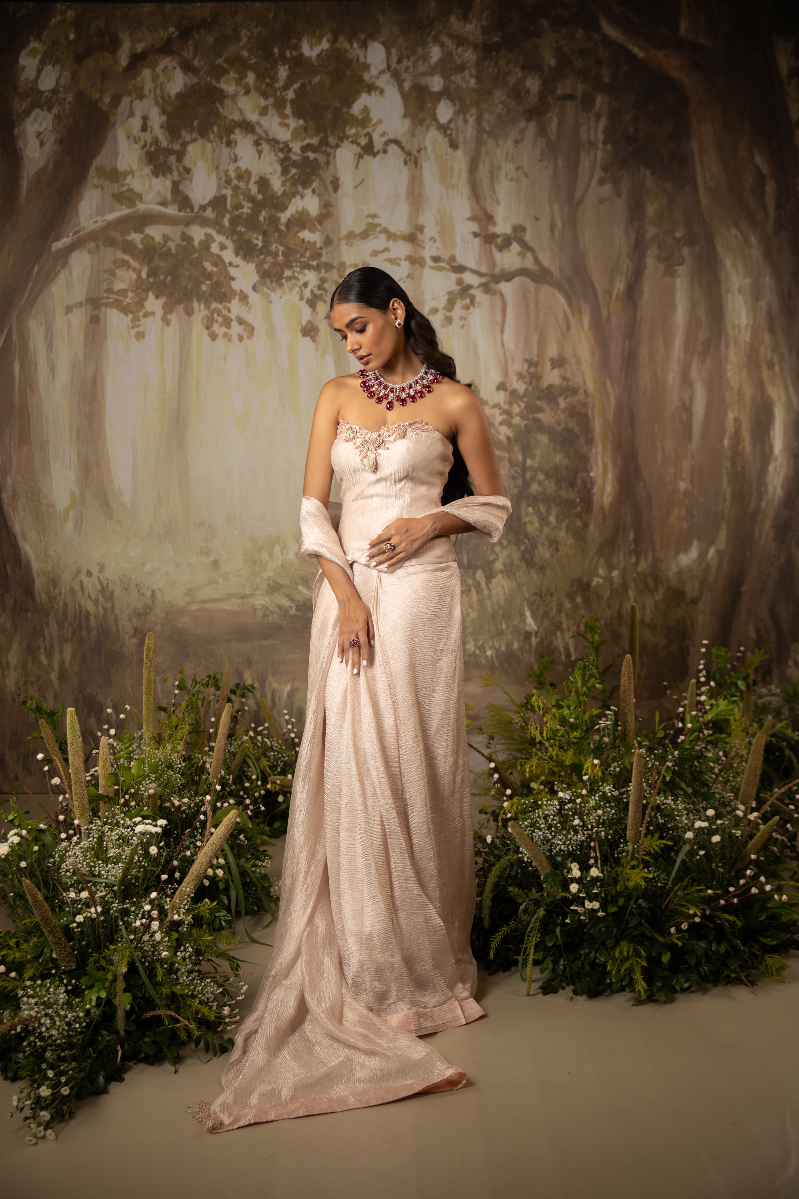 BLUSH BEIGE CORSET DRAPED SAREE SET
