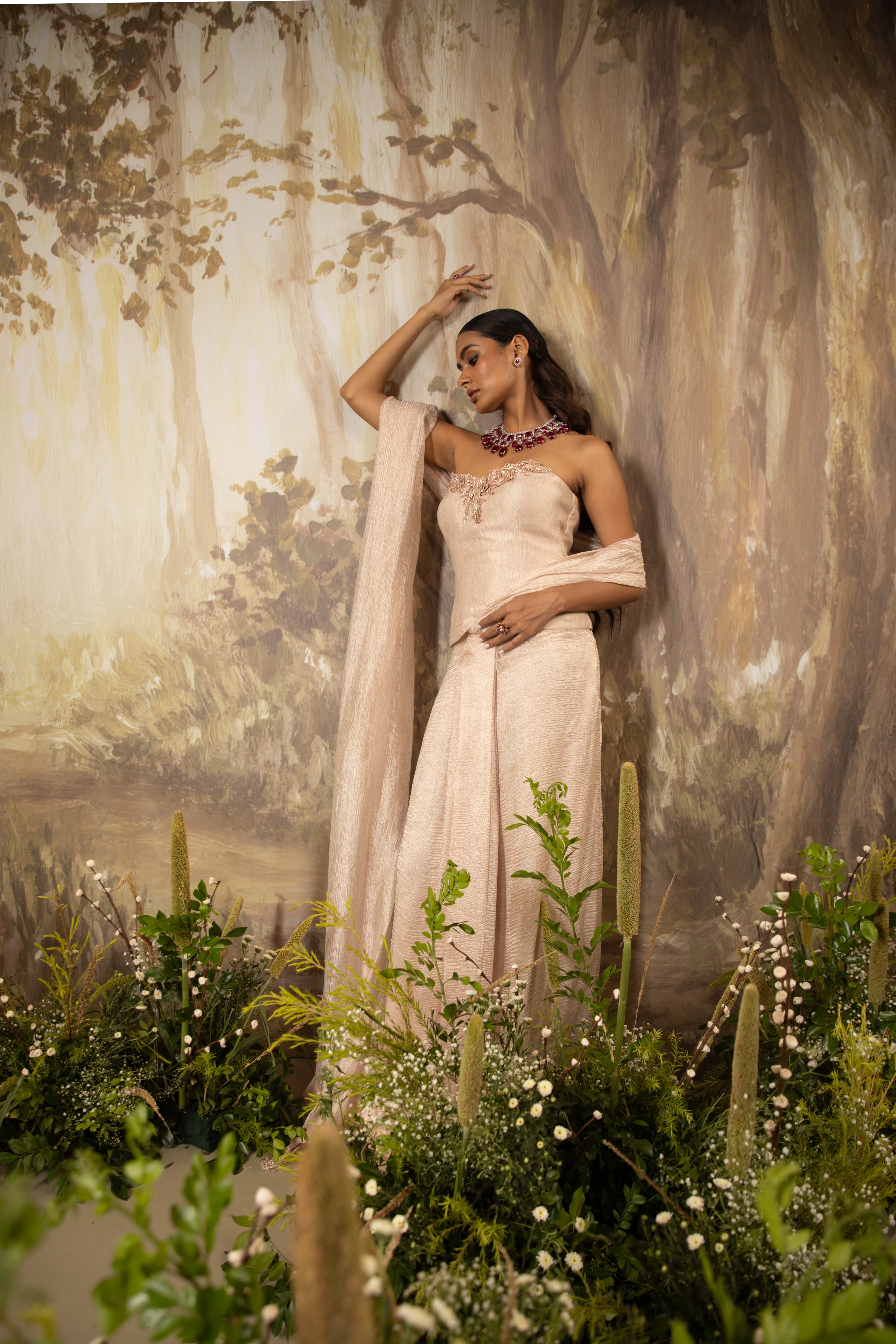 BLUSH BEIGE CORSET DRAPED SAREE SET