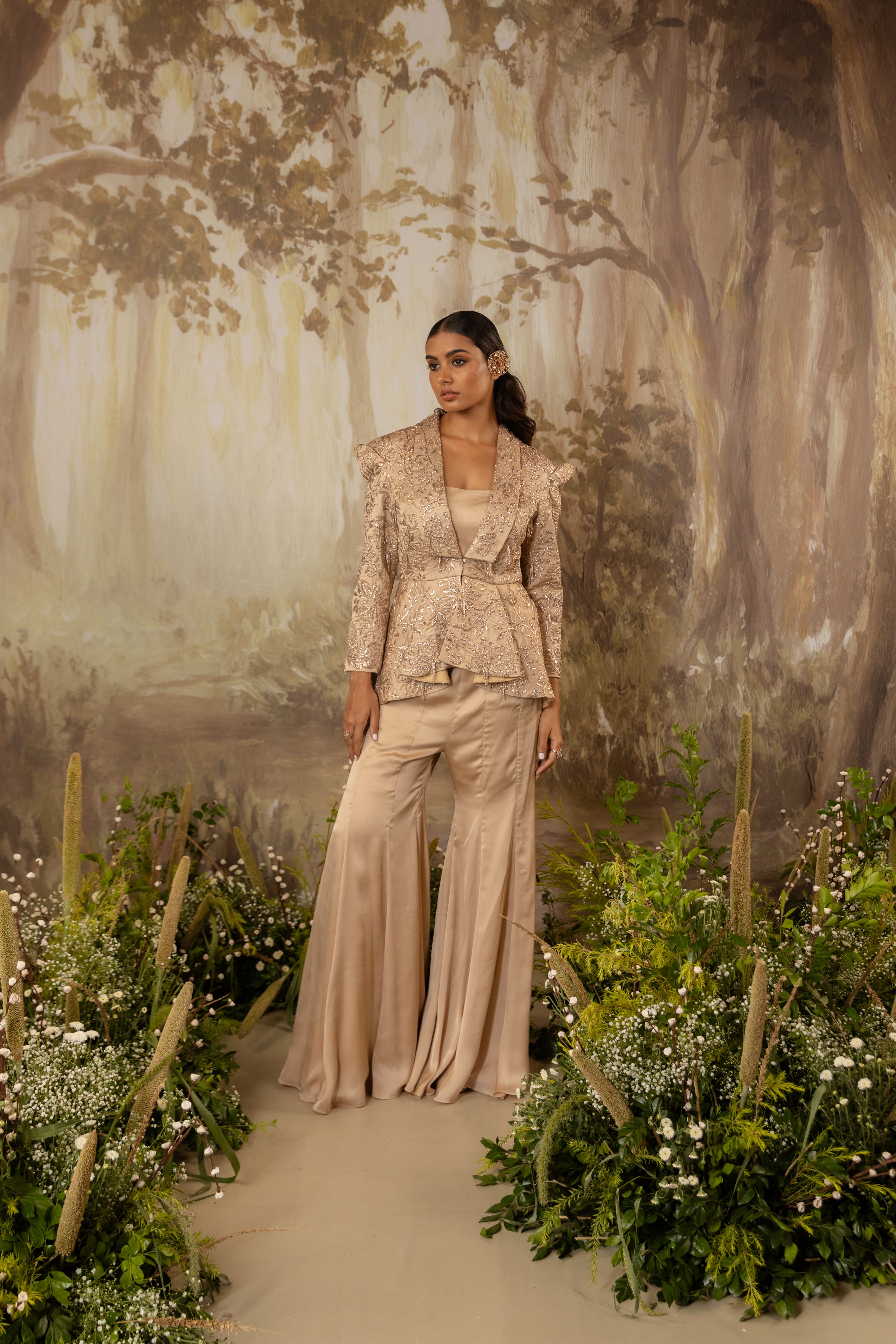 CHAMPAGNE BEIGE PEPLUM TASSELED JACKET SET