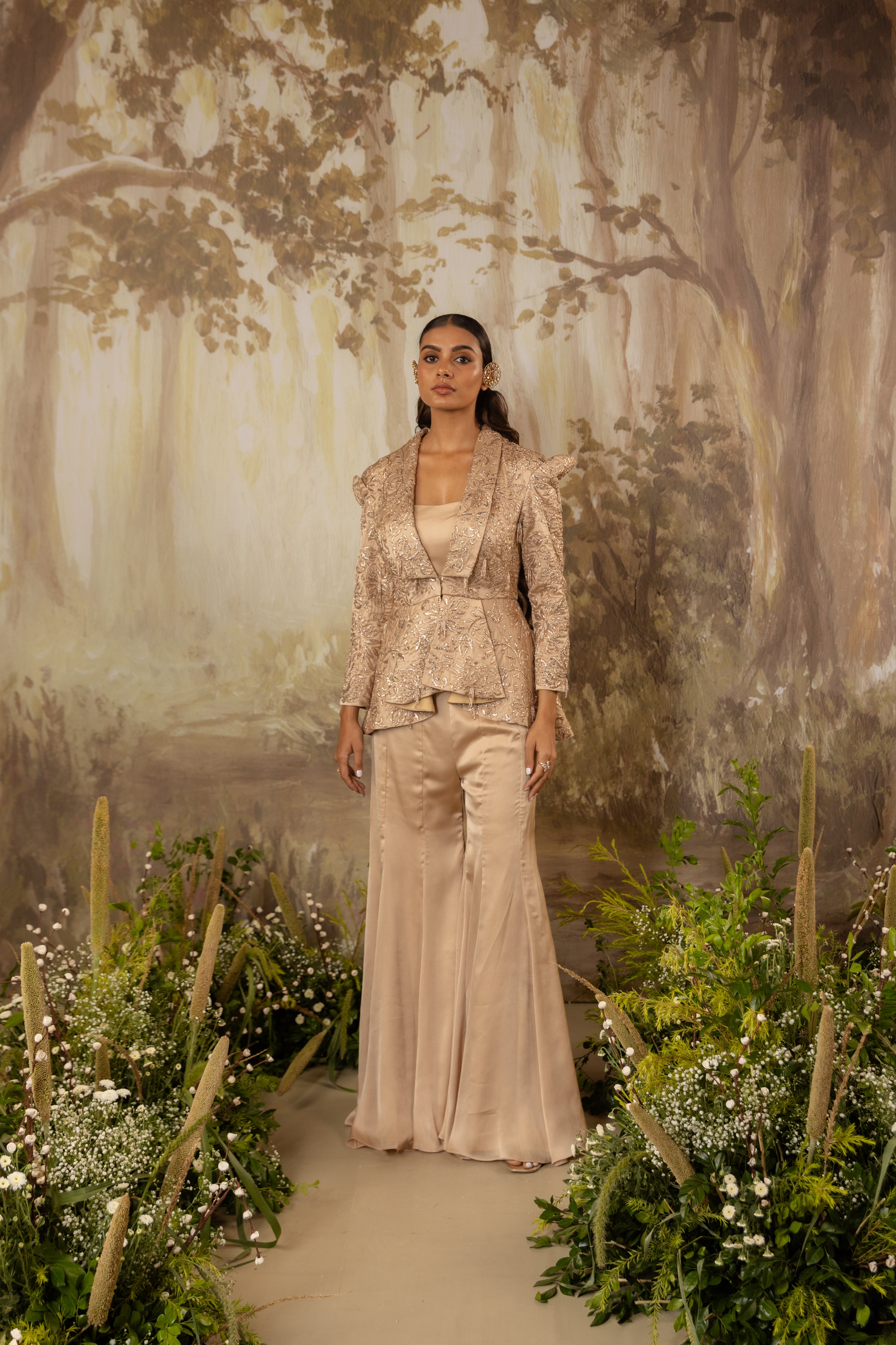 CHAMPAGNE BEIGE PEPLUM TASSELED JACKET SET