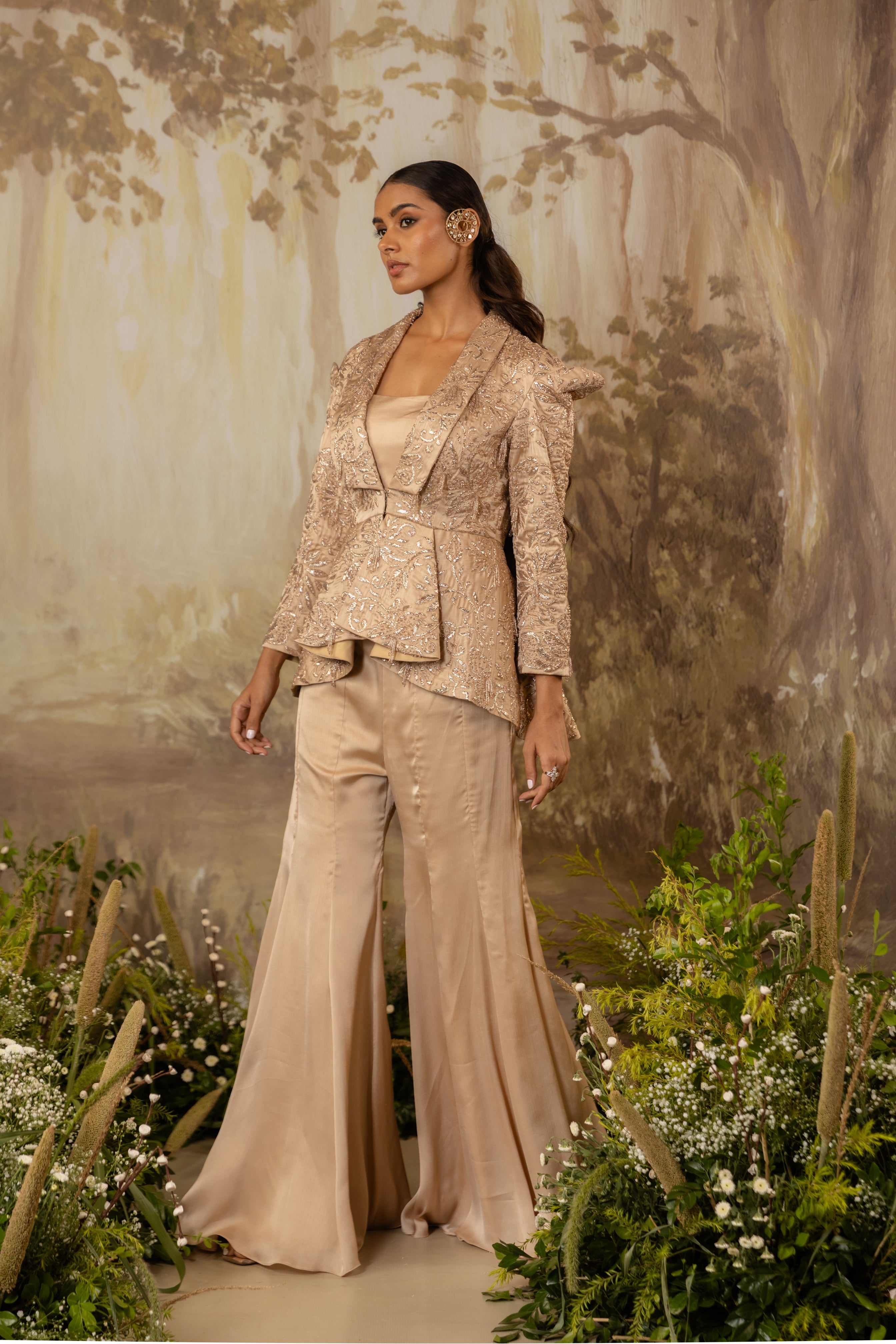 CHAMPAGNE BEIGE PEPLUM TASSELED JACKET SET