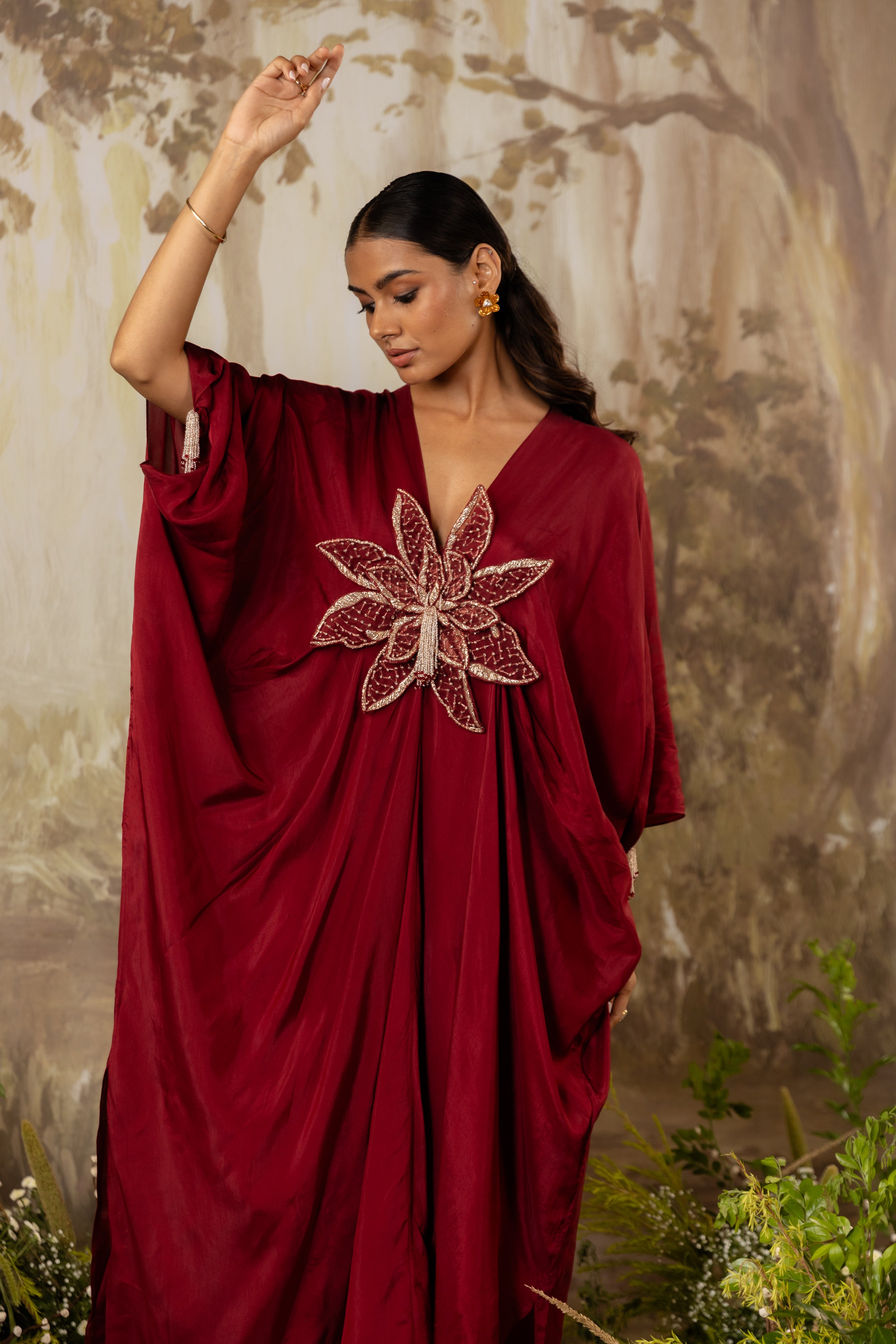DEEP RED 3D FLORAL KAFTAN