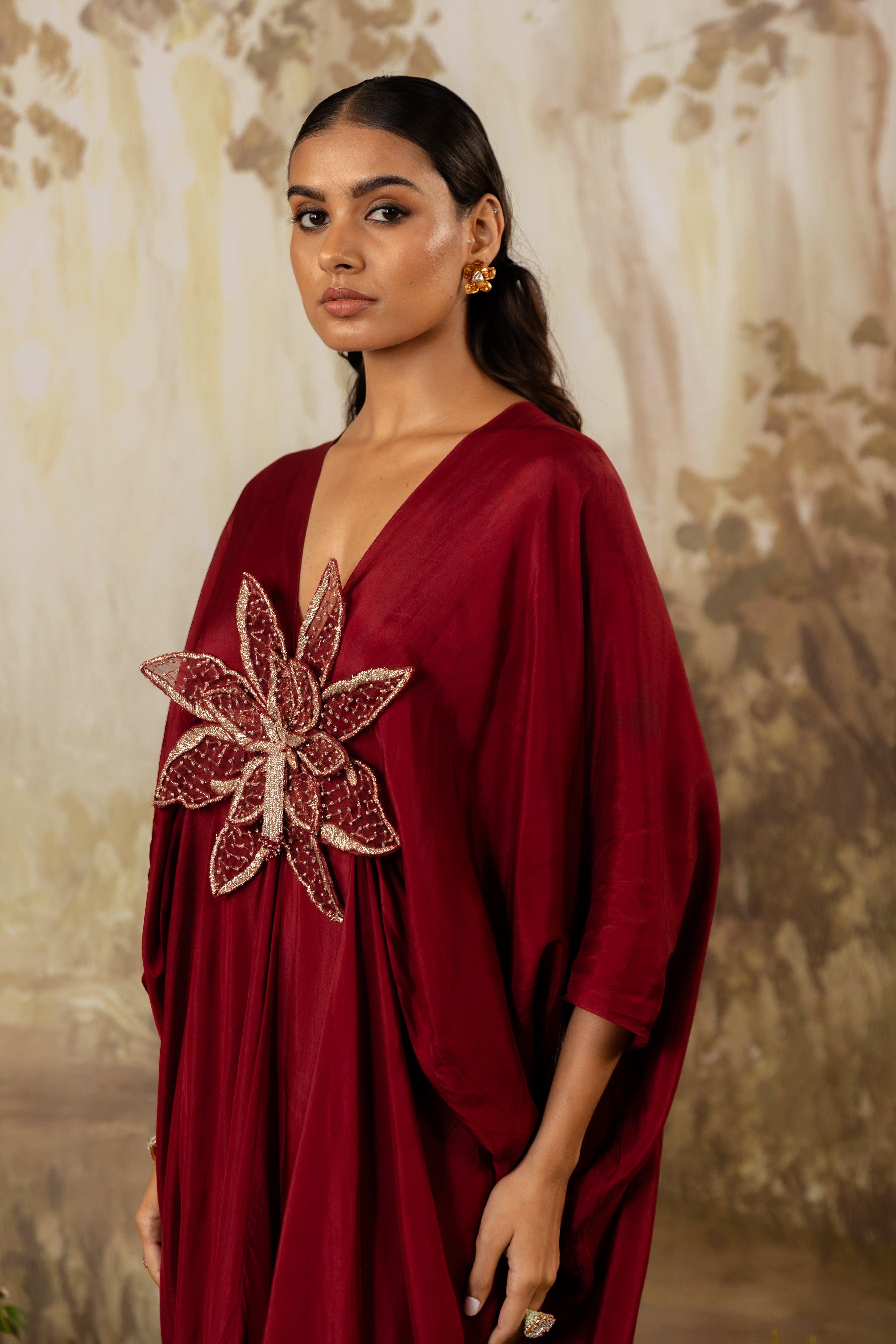 DEEP RED 3D FLORAL KAFTAN