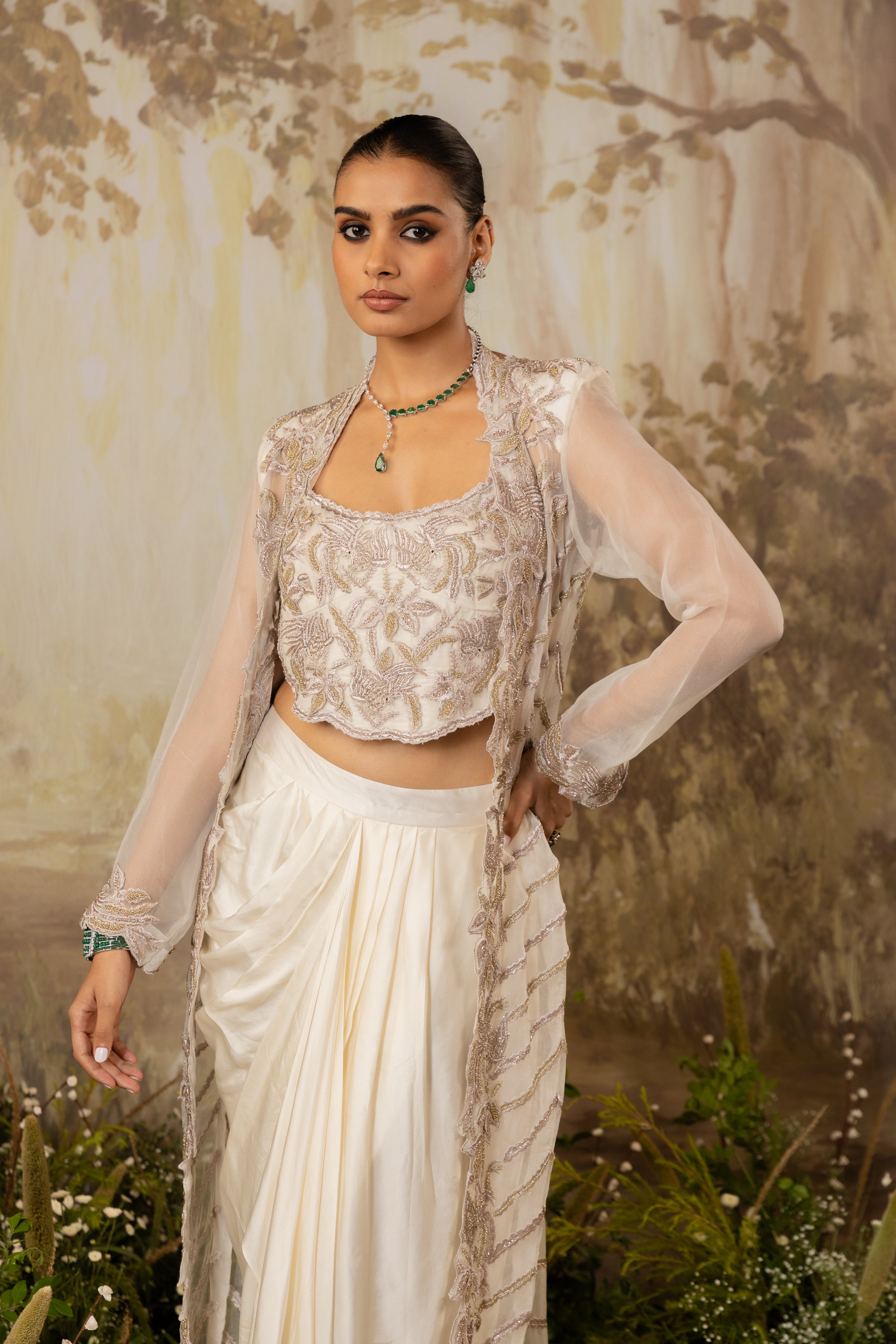 IVORY EMBROIDERED LONG CAPE SET