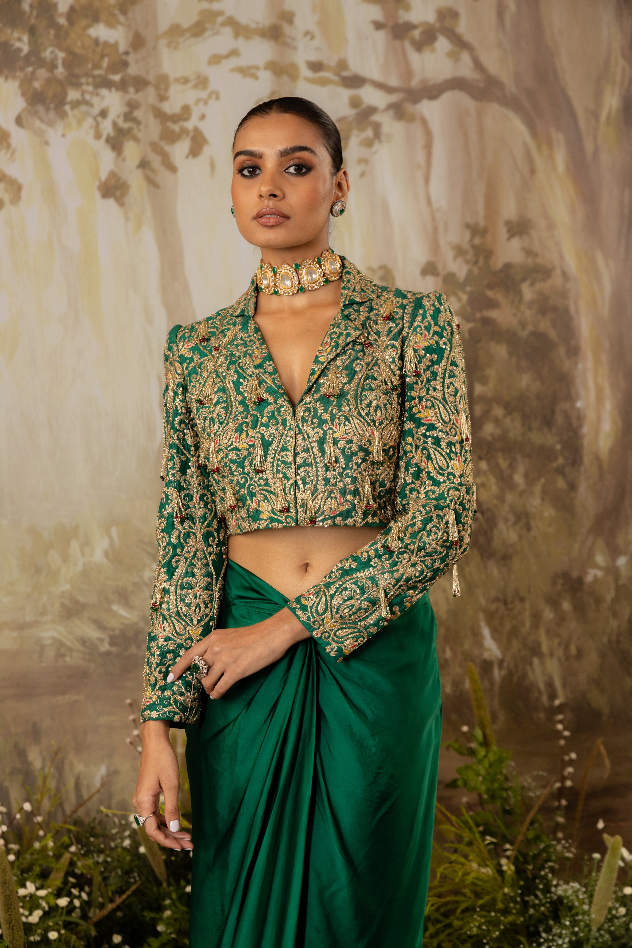 EMERALD GREEN TASSELED CROP JACKET SET