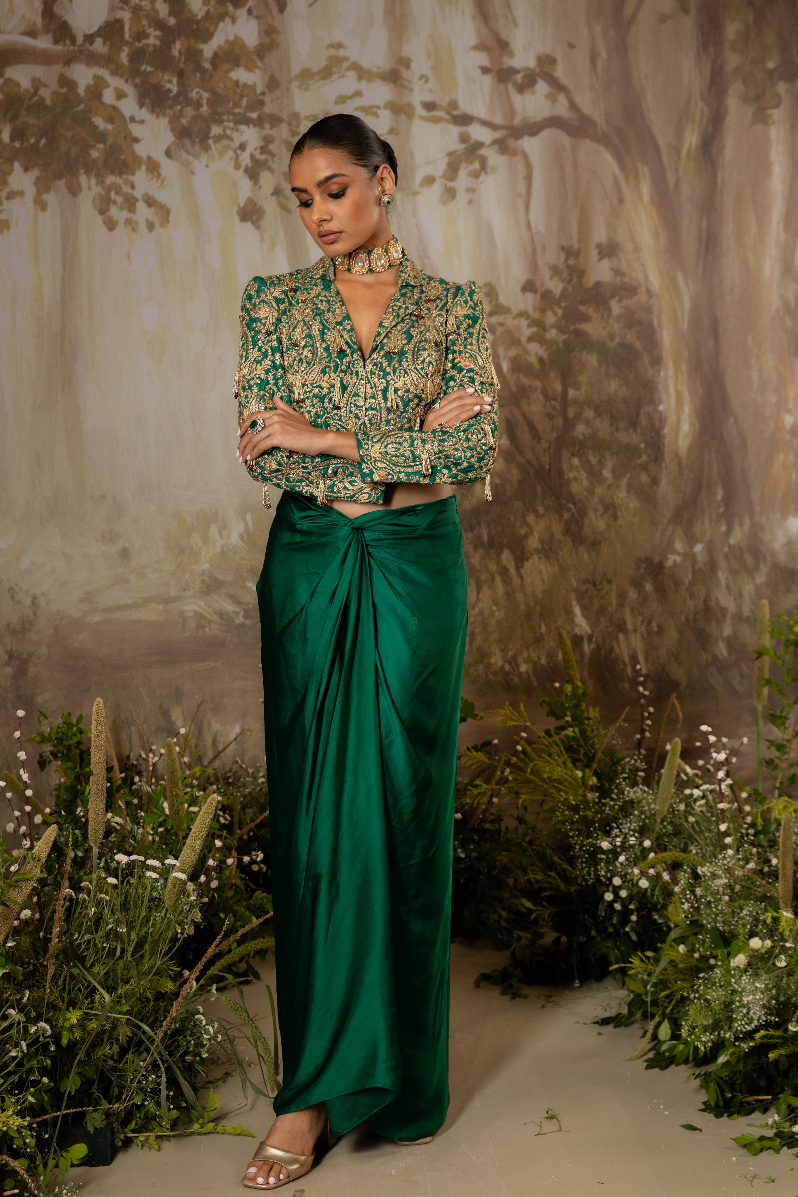 EMERALD GREEN TASSELED CROP JACKET SET