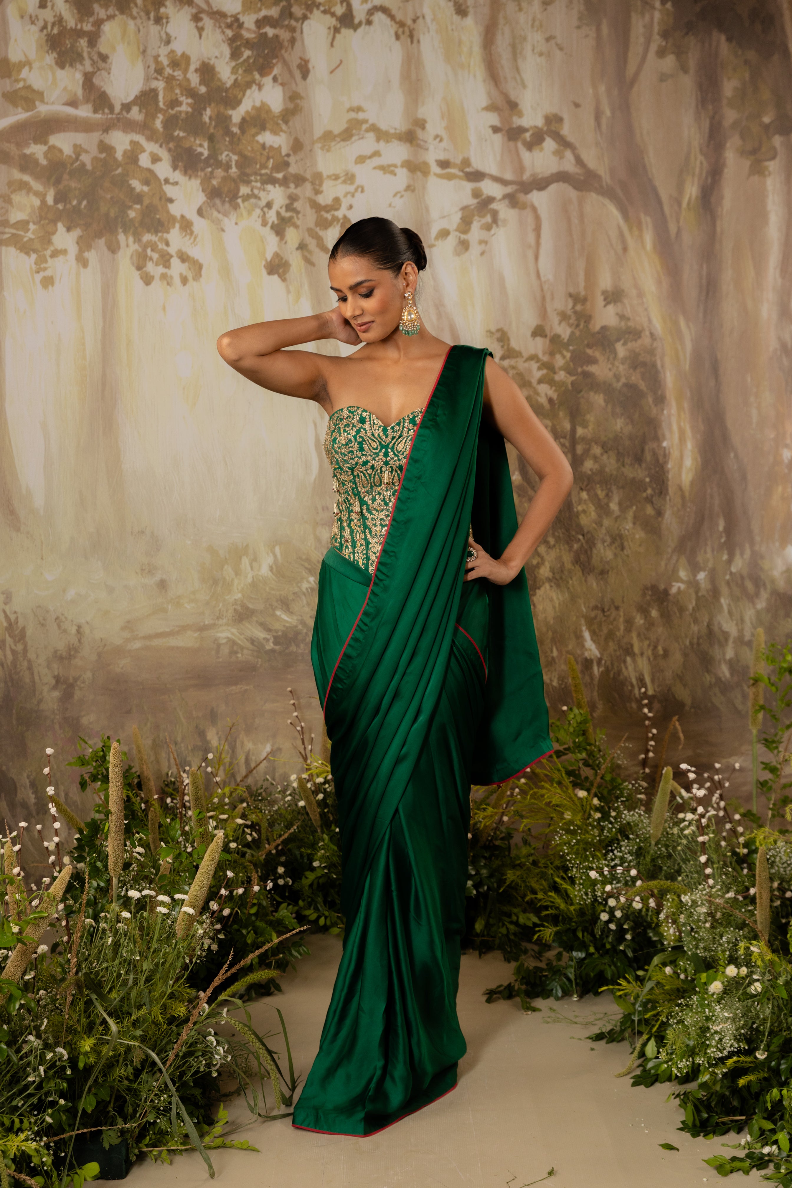 EMERALD GREEN HEAVY CORSET DRAPED SAREE SET