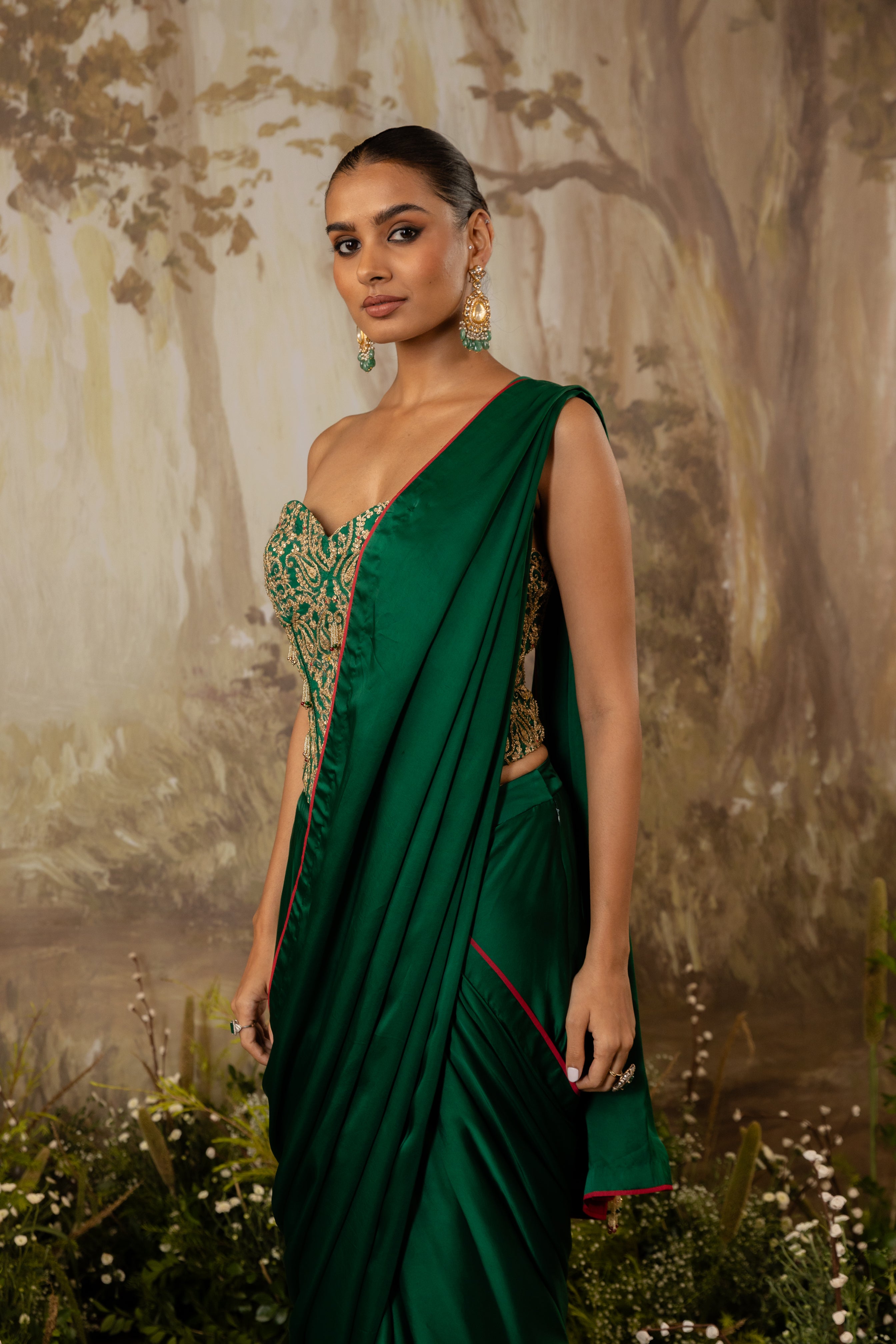 EMERALD GREEN HEAVY CORSET DRAPED SAREE SET