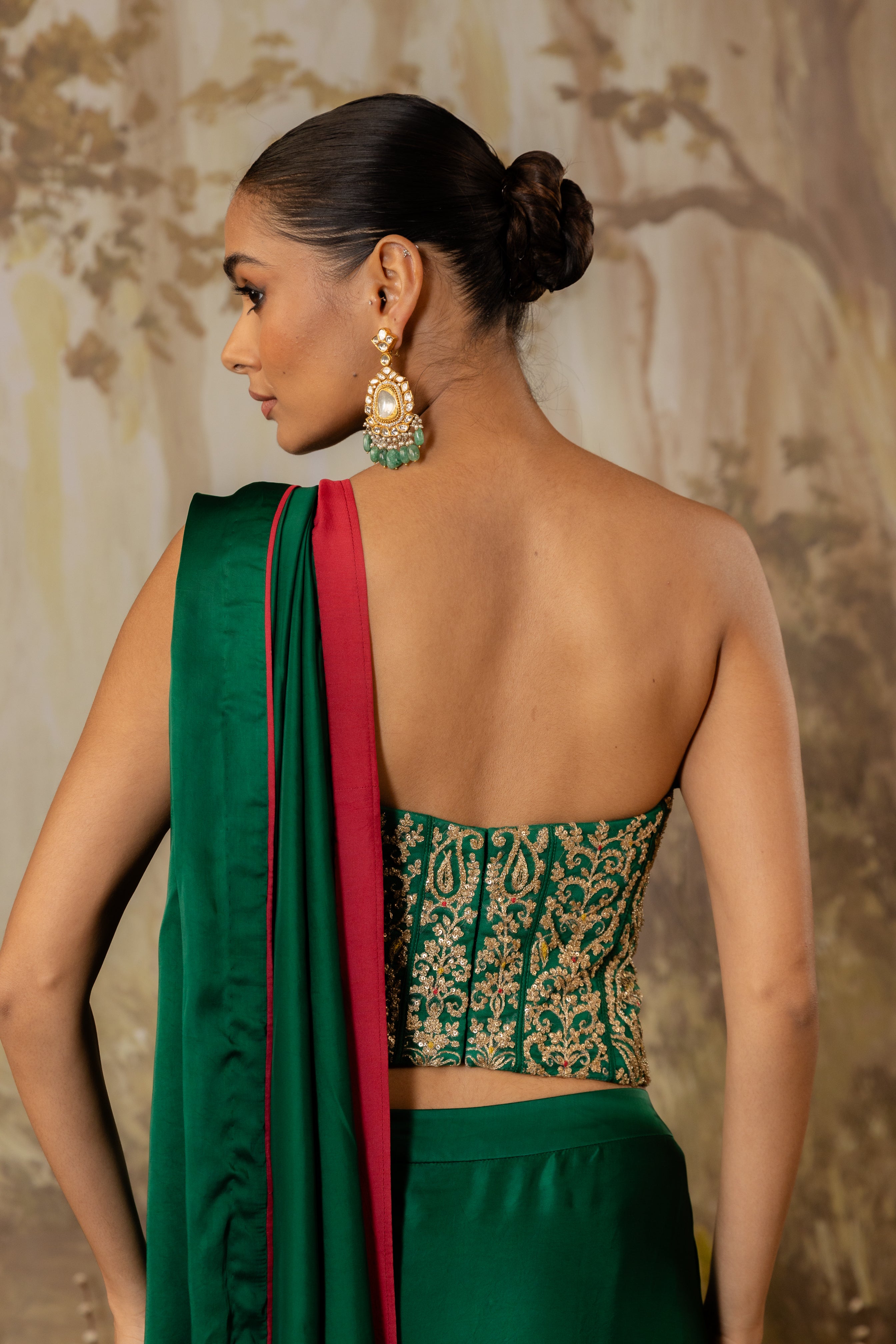 EMERALD GREEN HEAVY CORSET DRAPED SAREE SET