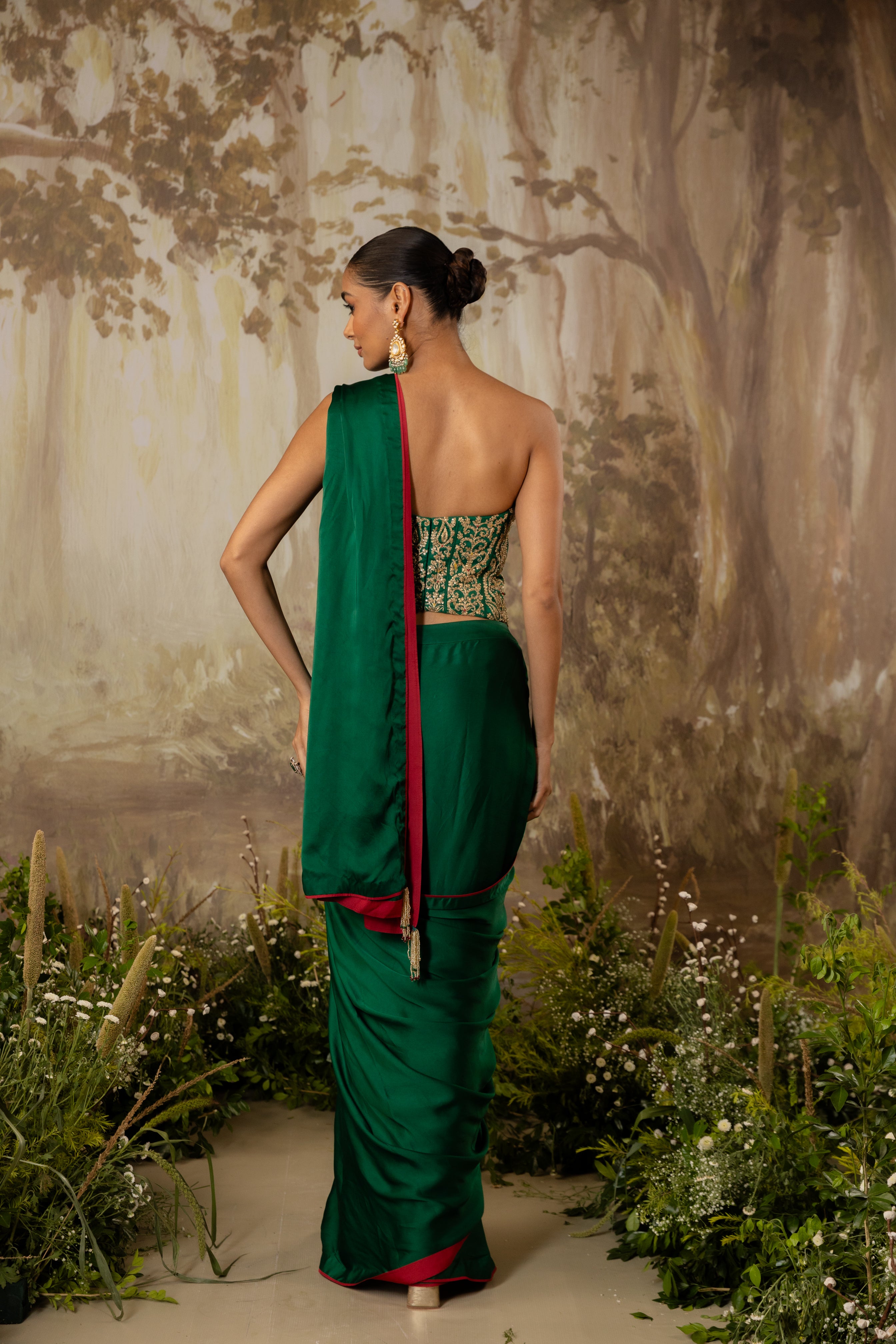 EMERALD GREEN HEAVY CORSET DRAPED SAREE SET