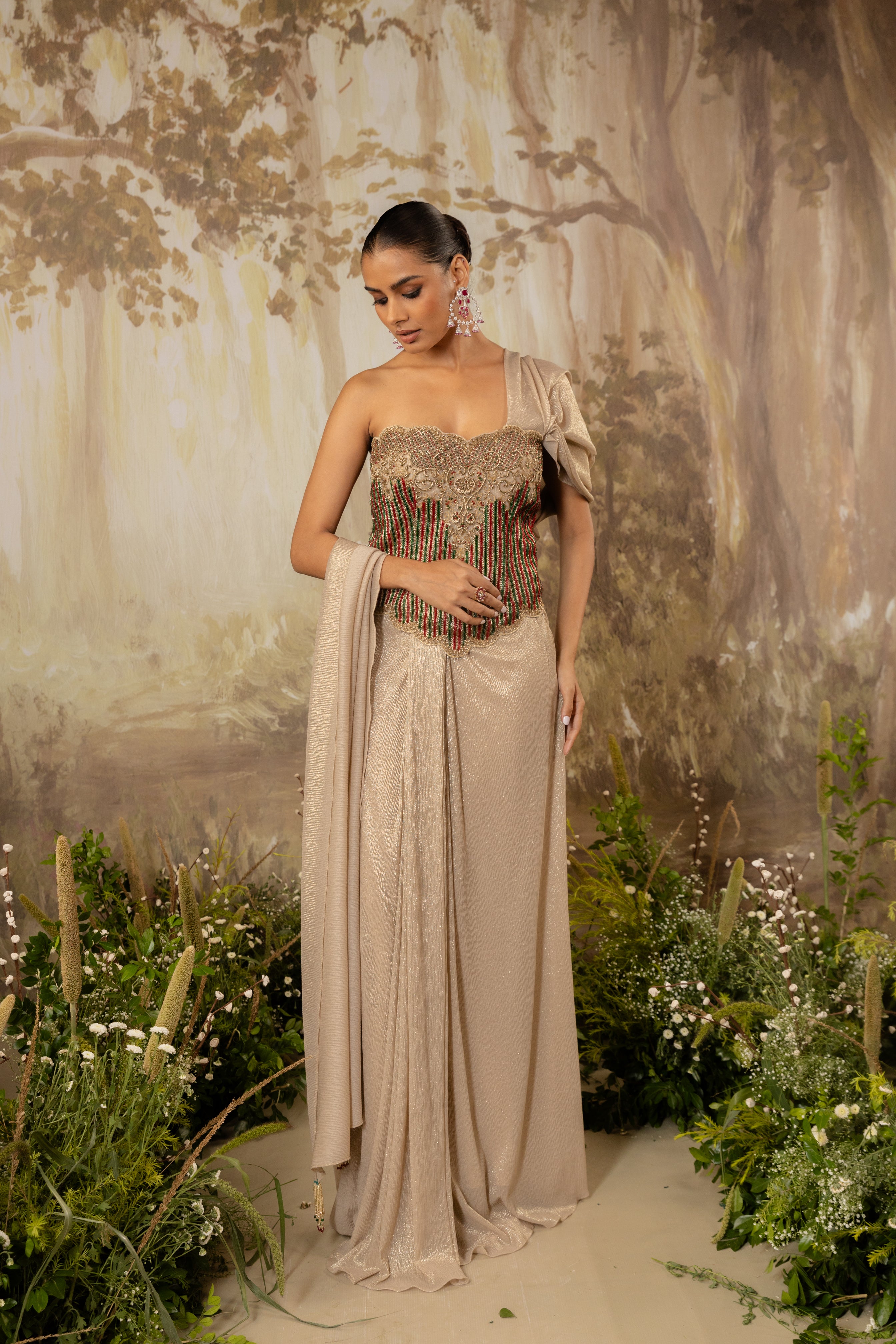 GOLD CHAMPAGNE HEAVY CORSET DRAPED SAREE SET