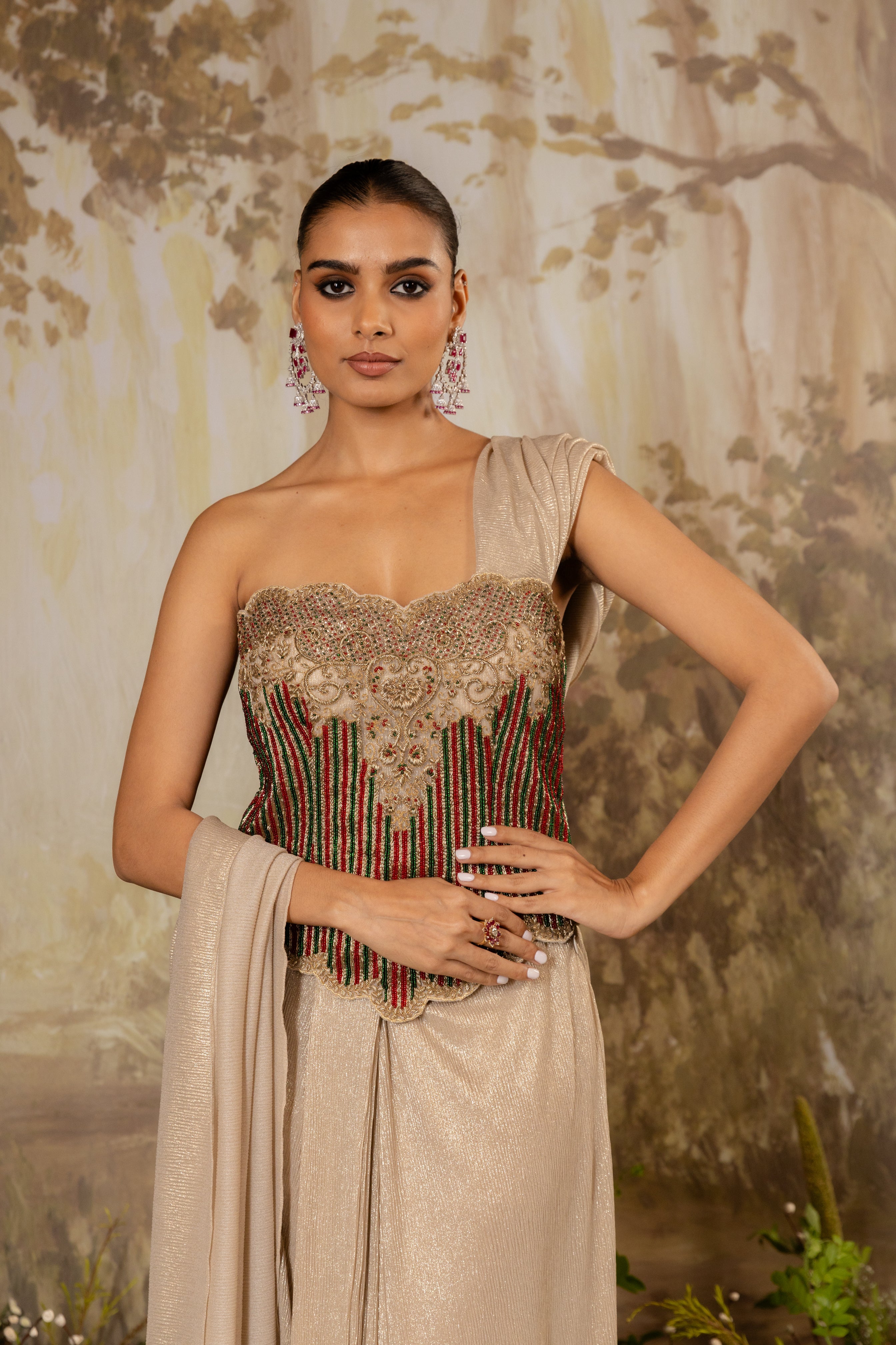 GOLD CHAMPAGNE HEAVY CORSET DRAPED SAREE SET