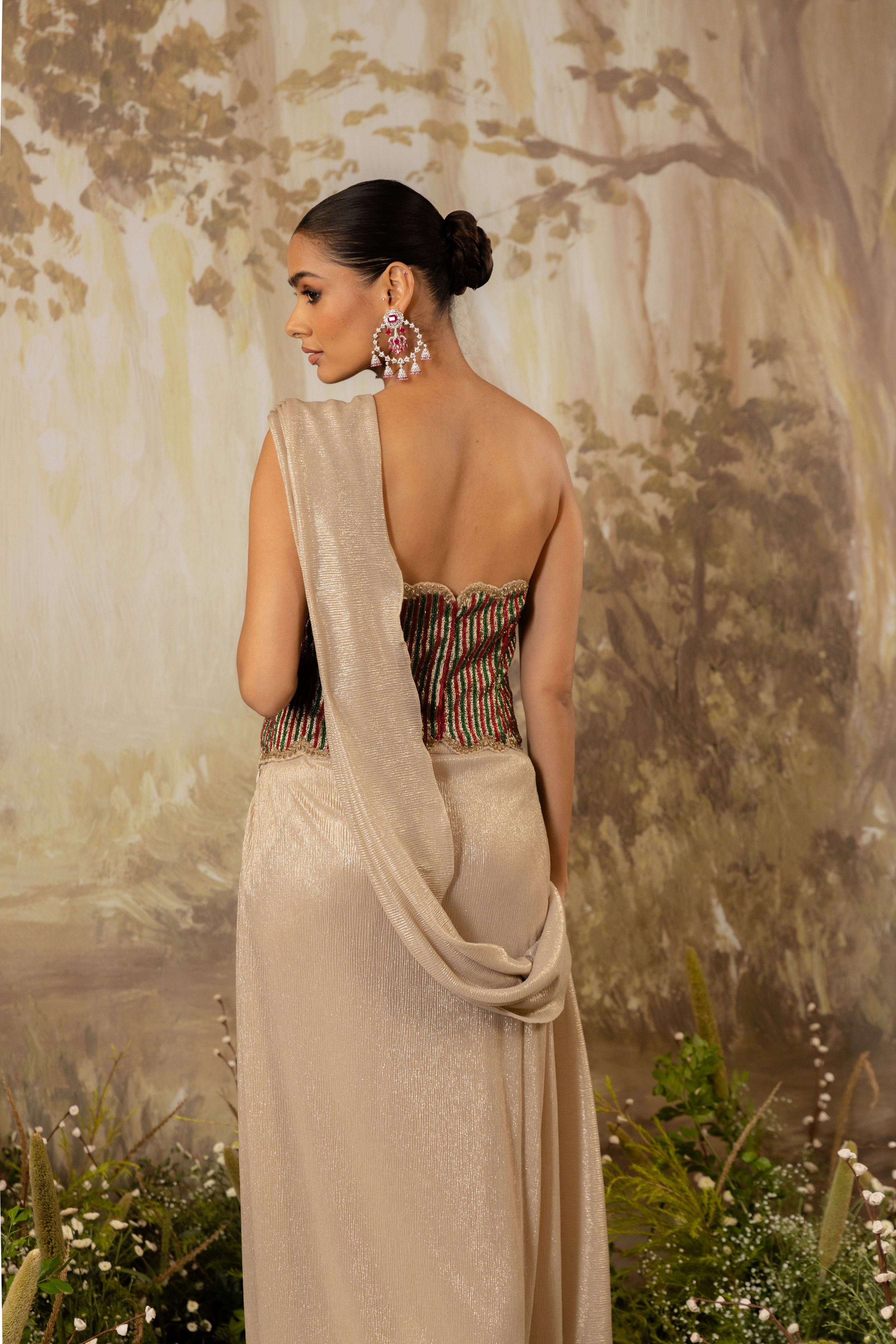 GOLD CHAMPAGNE HEAVY CORSET DRAPED SAREE SET