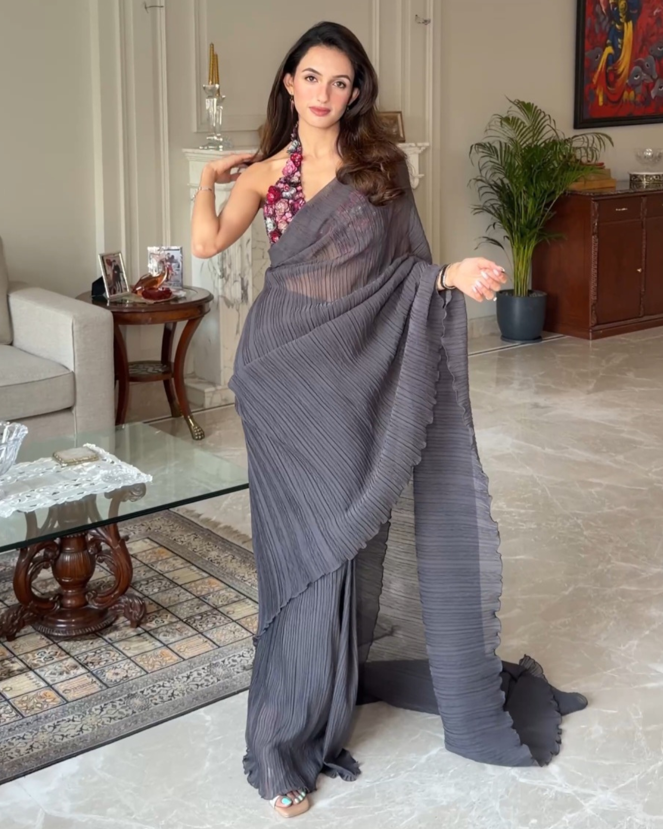 Surina in Charcoal Grey Crushed Saree