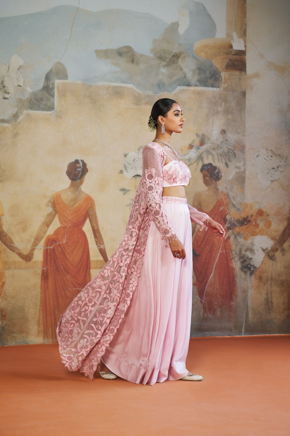 Rose pink floral long jacket set