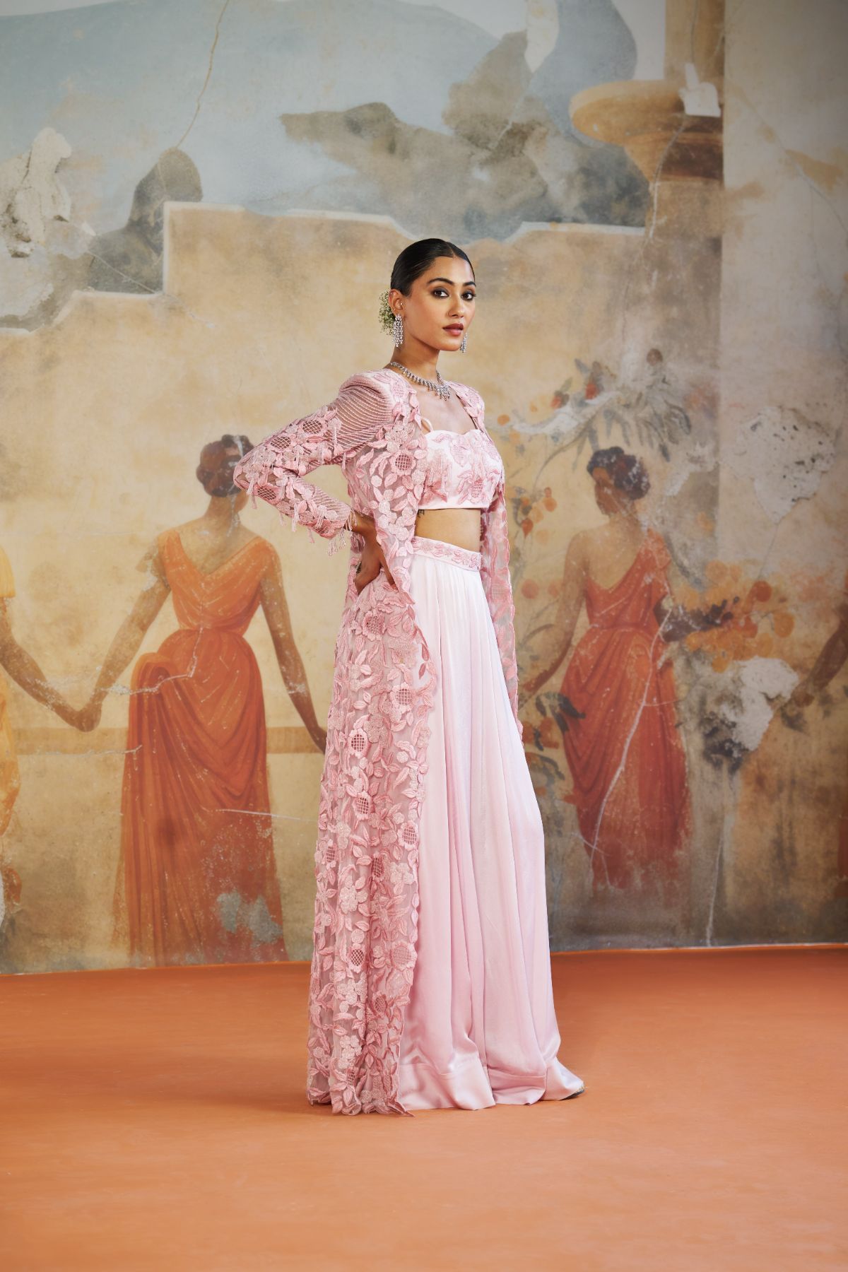 Rose pink floral long jacket set