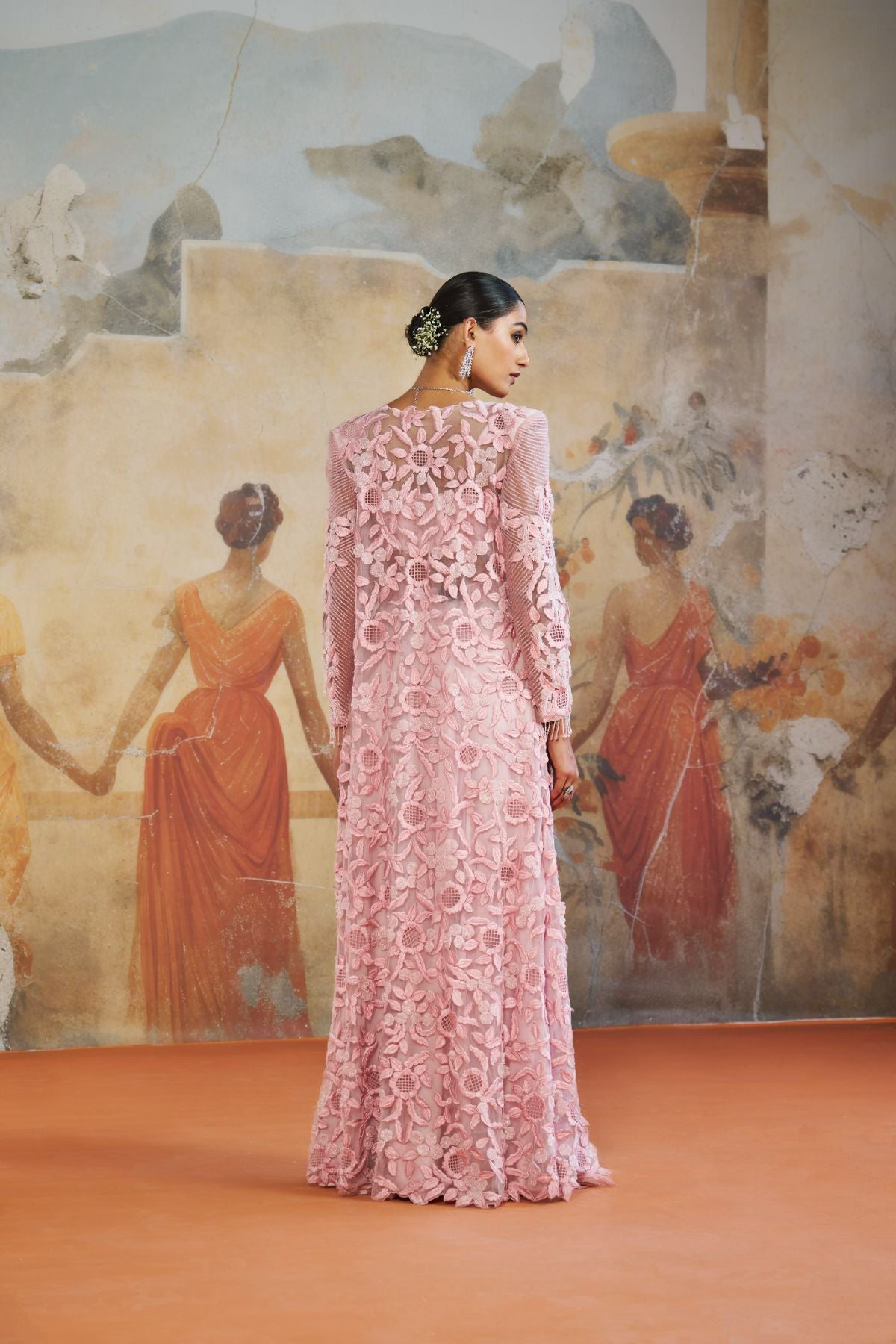 Rose pink floral long jacket set