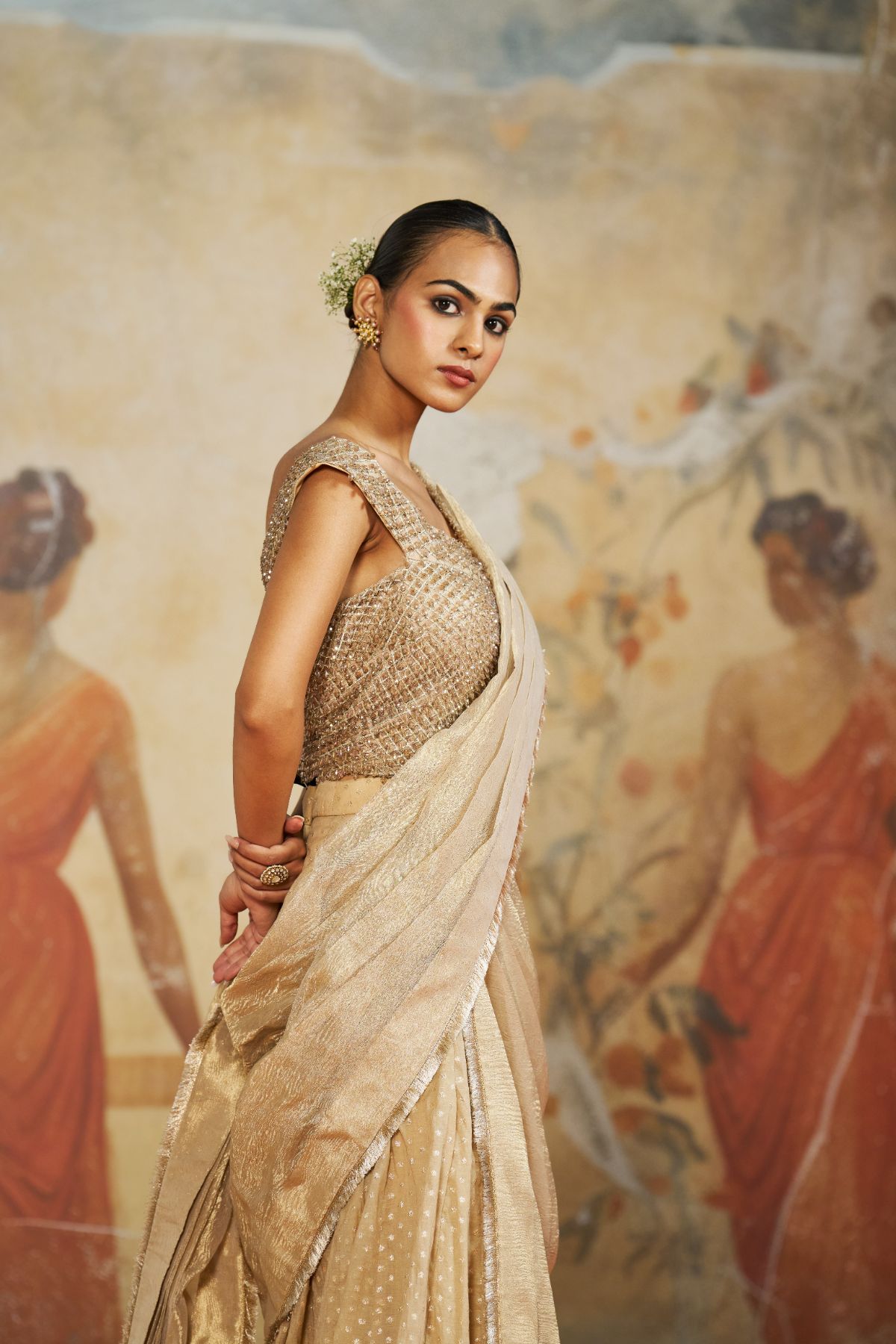 Champagne beige draped sharara set.