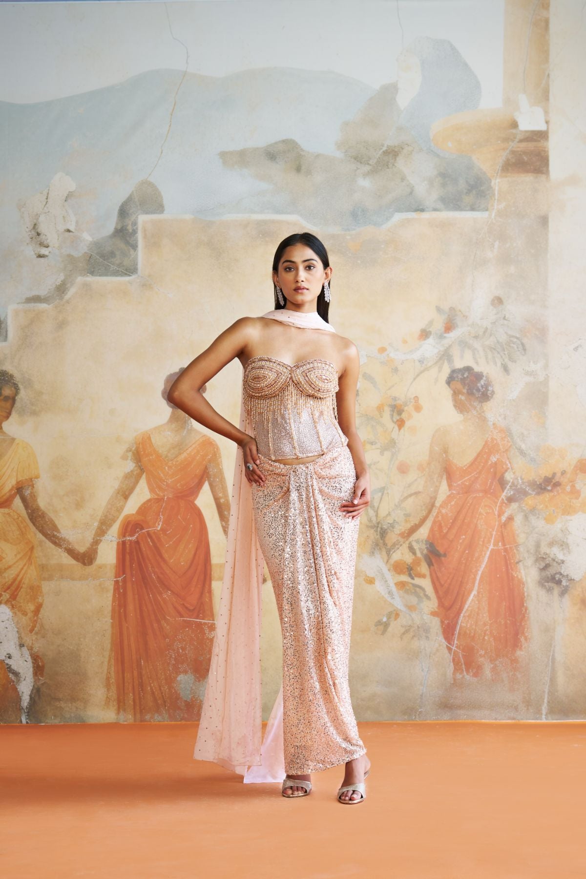 Jeweled peach corset set