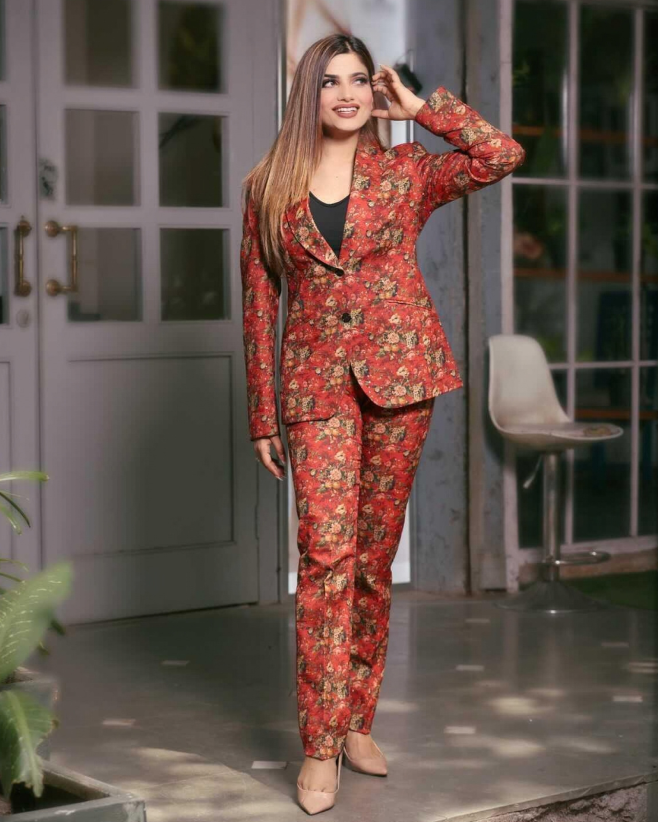 Guneet Virdi in Crimson Red Printed Pant Suit