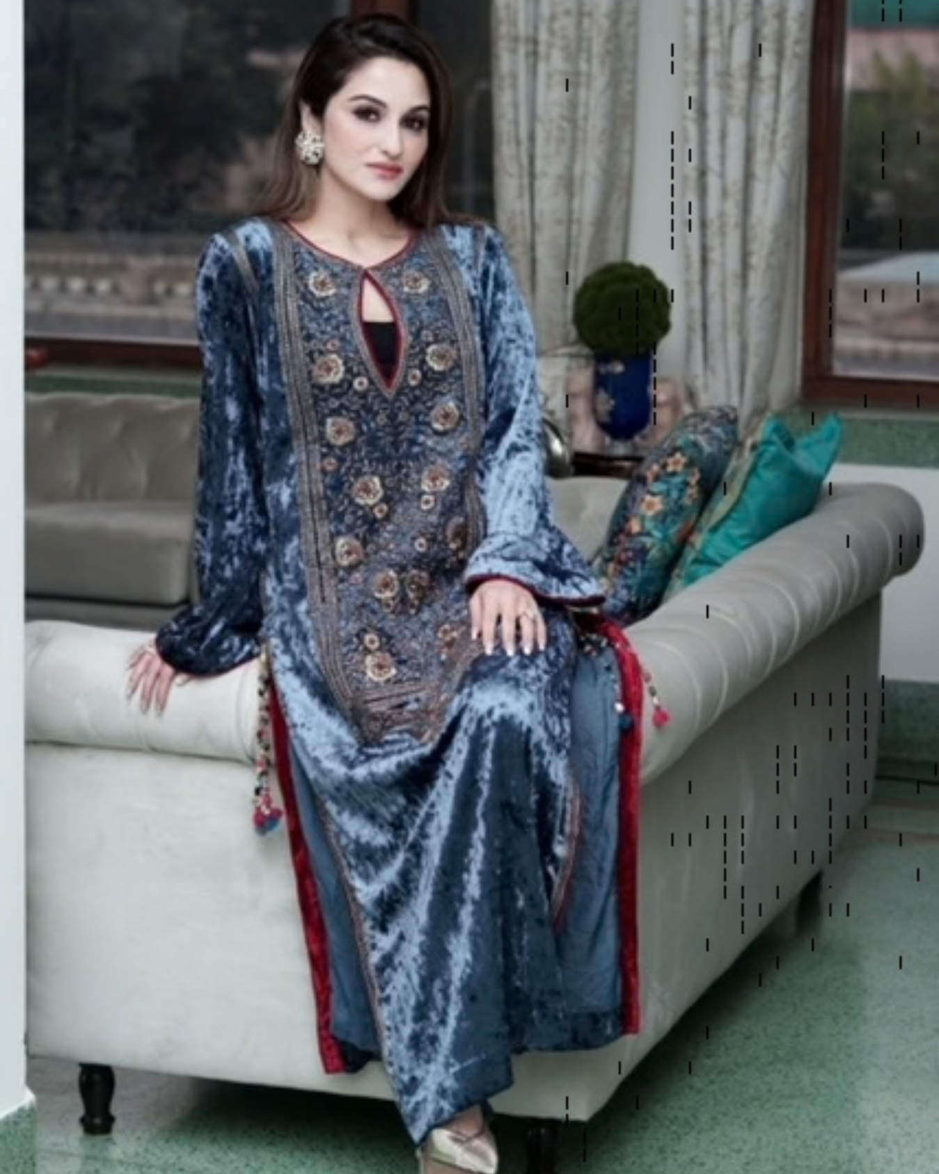 Payal sen in Persian blue embroidered velvet kurta set