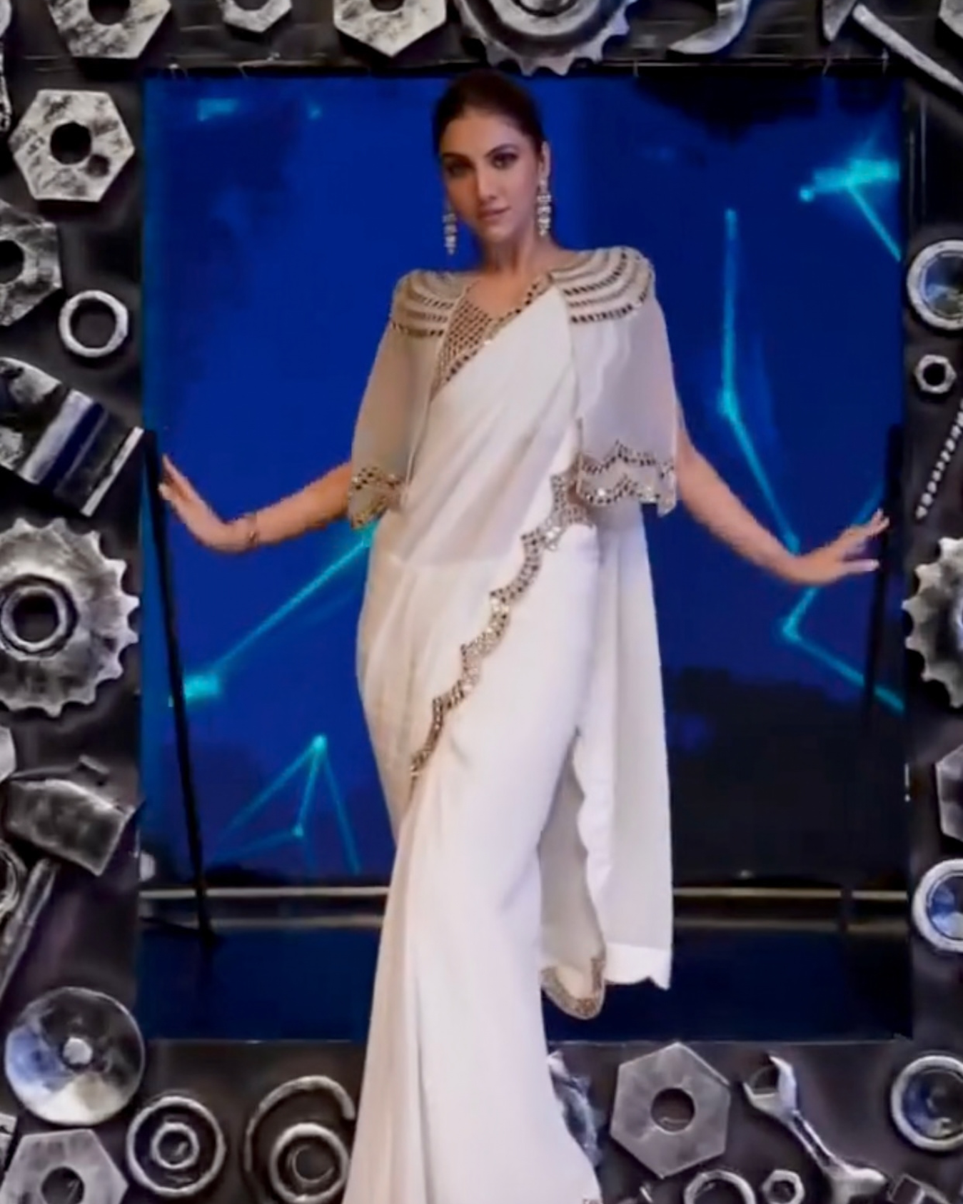 Rukmini Maitra in ivory pre draped mirror cape saree