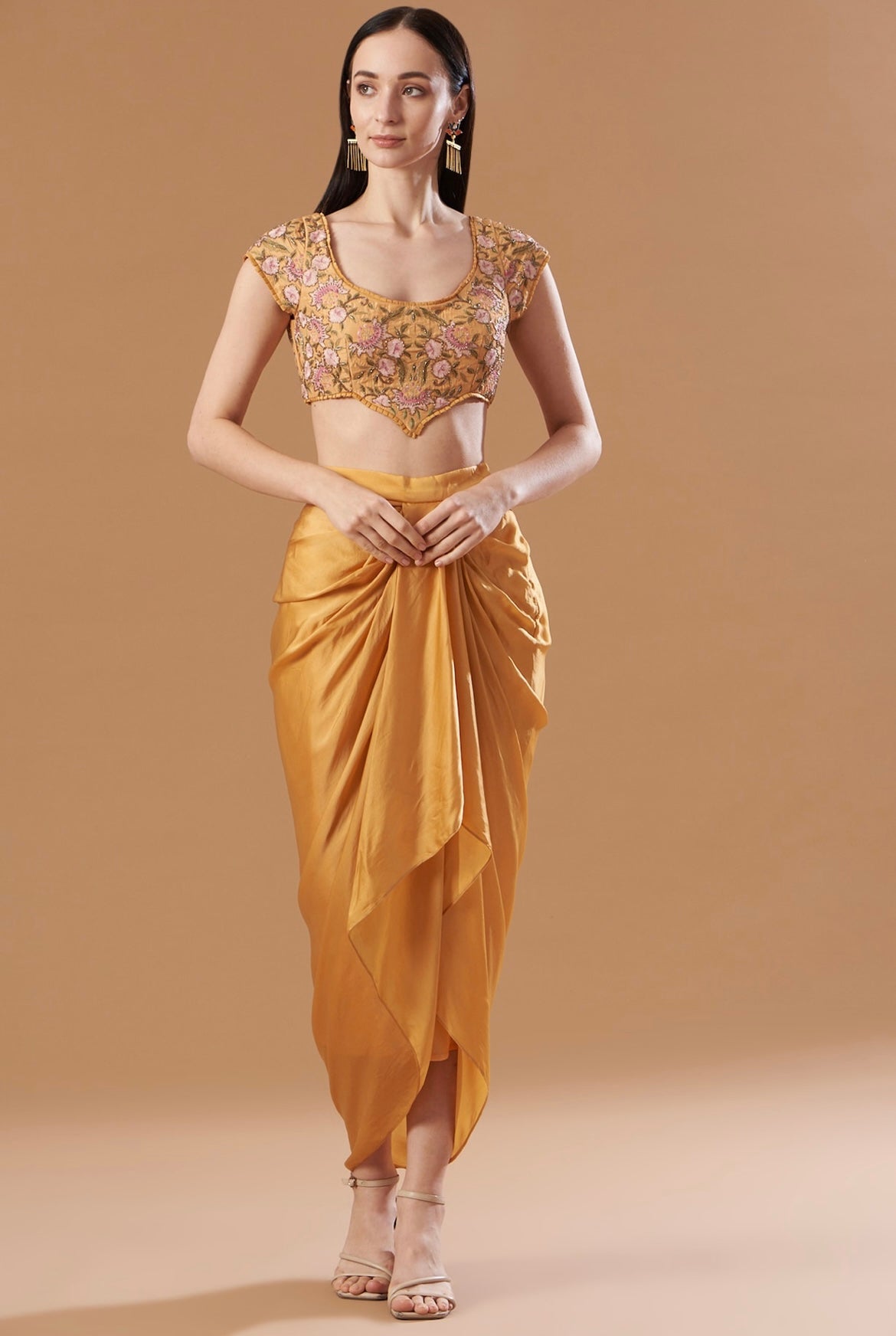 Marigold orange embroidered blouse &draped skirt set