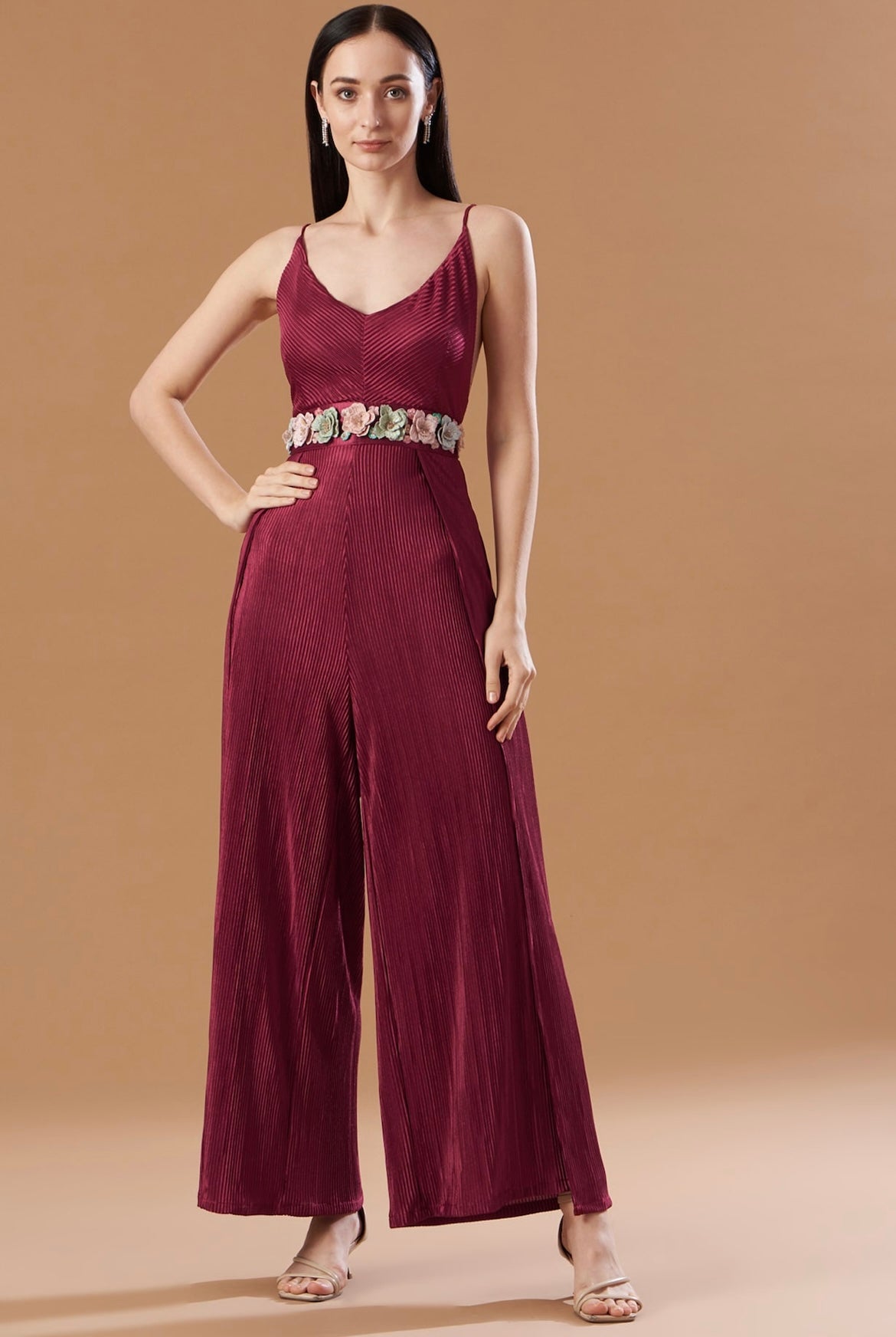 Fuchsia Pink pleated halter jumpsuit