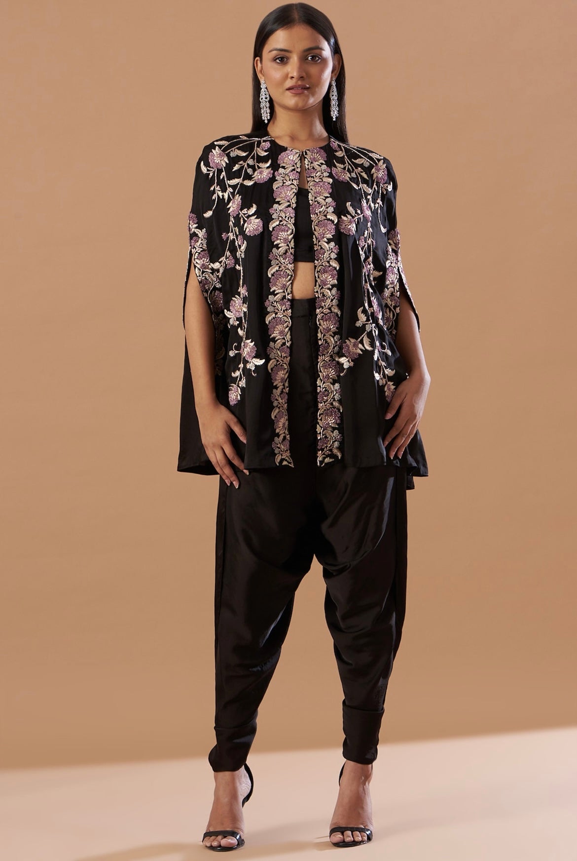 Midnight black Cape with blouse & dhoti set