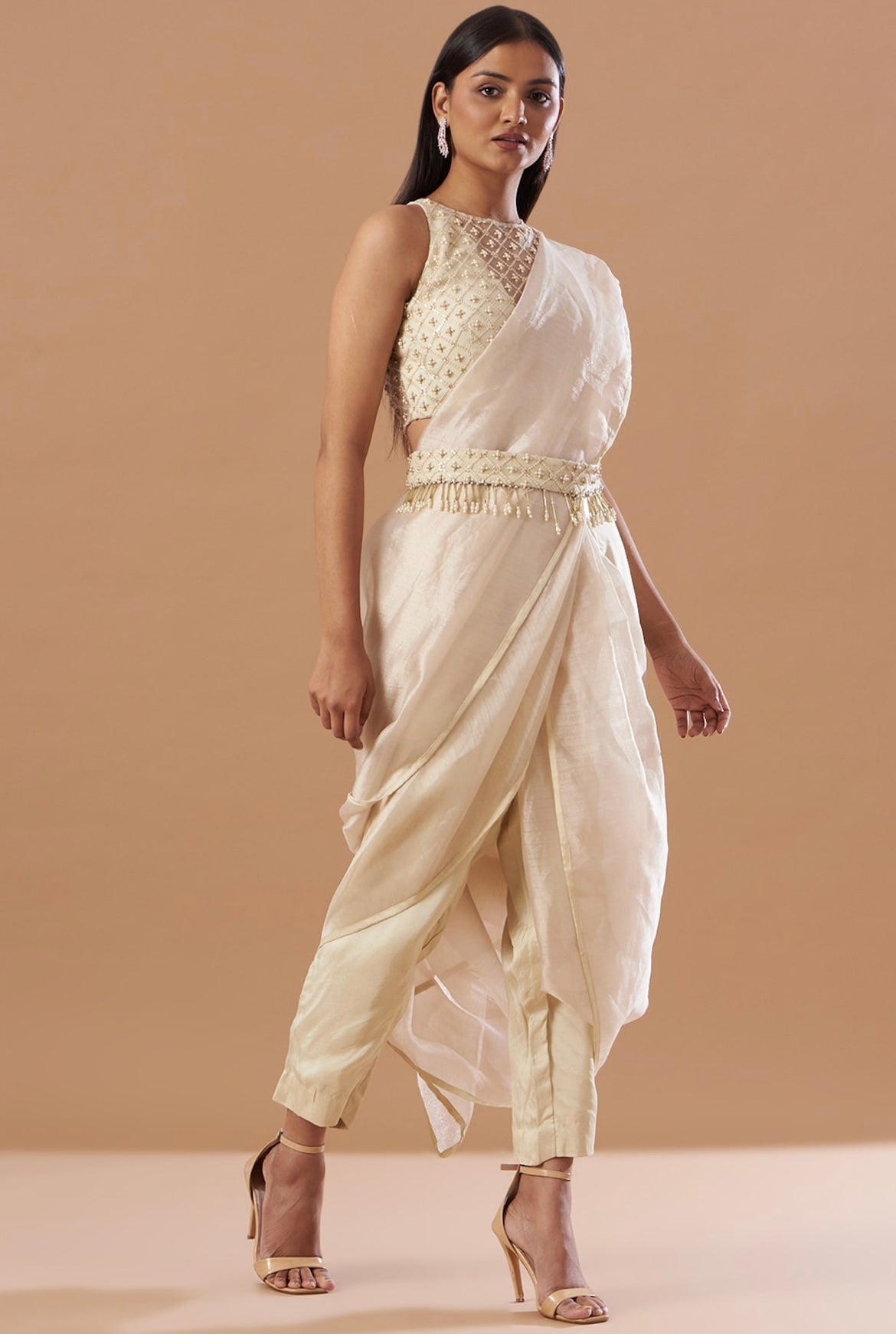karina bedi in Champagne pre-Draped saree set with belt