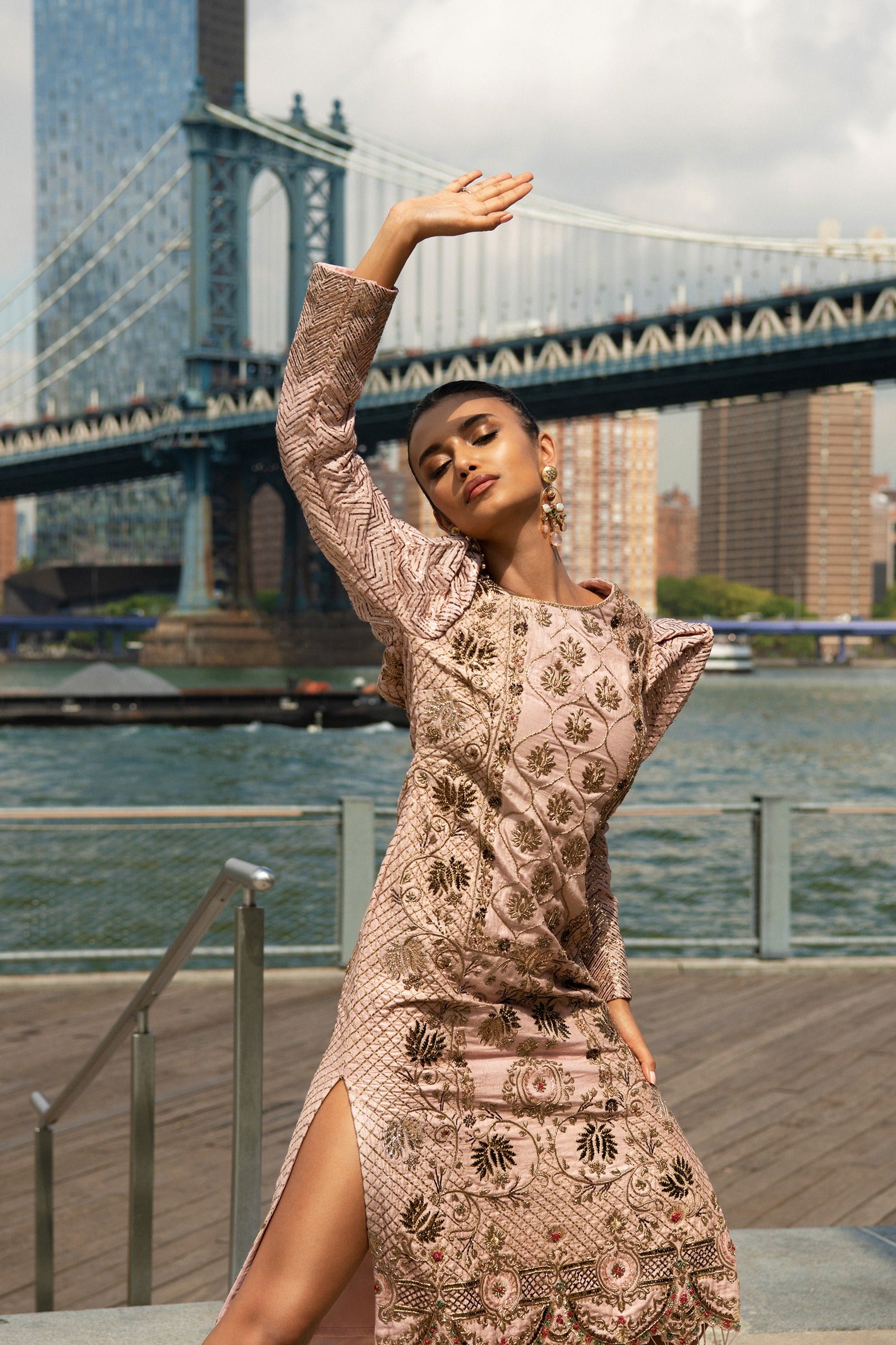 Rose gold embroidered slit dress