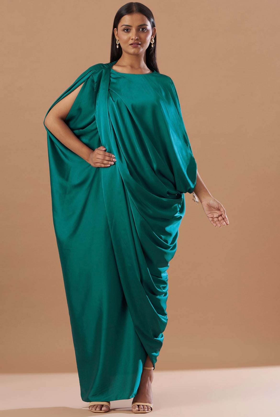 green velvet cocktail dress Arabian green draped kaftan dress