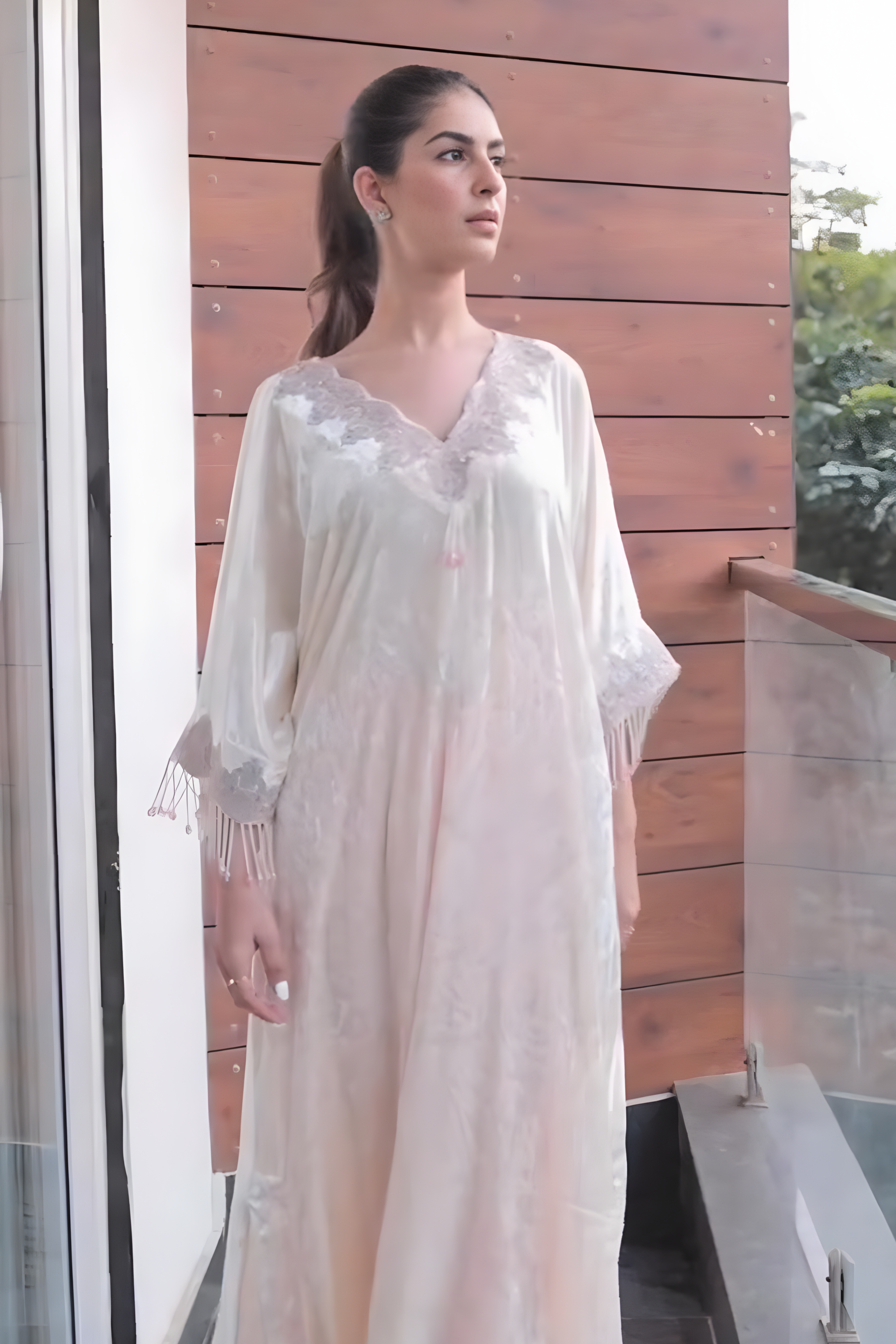 Rhea in Pearl white velvet long kurta & pink salwar