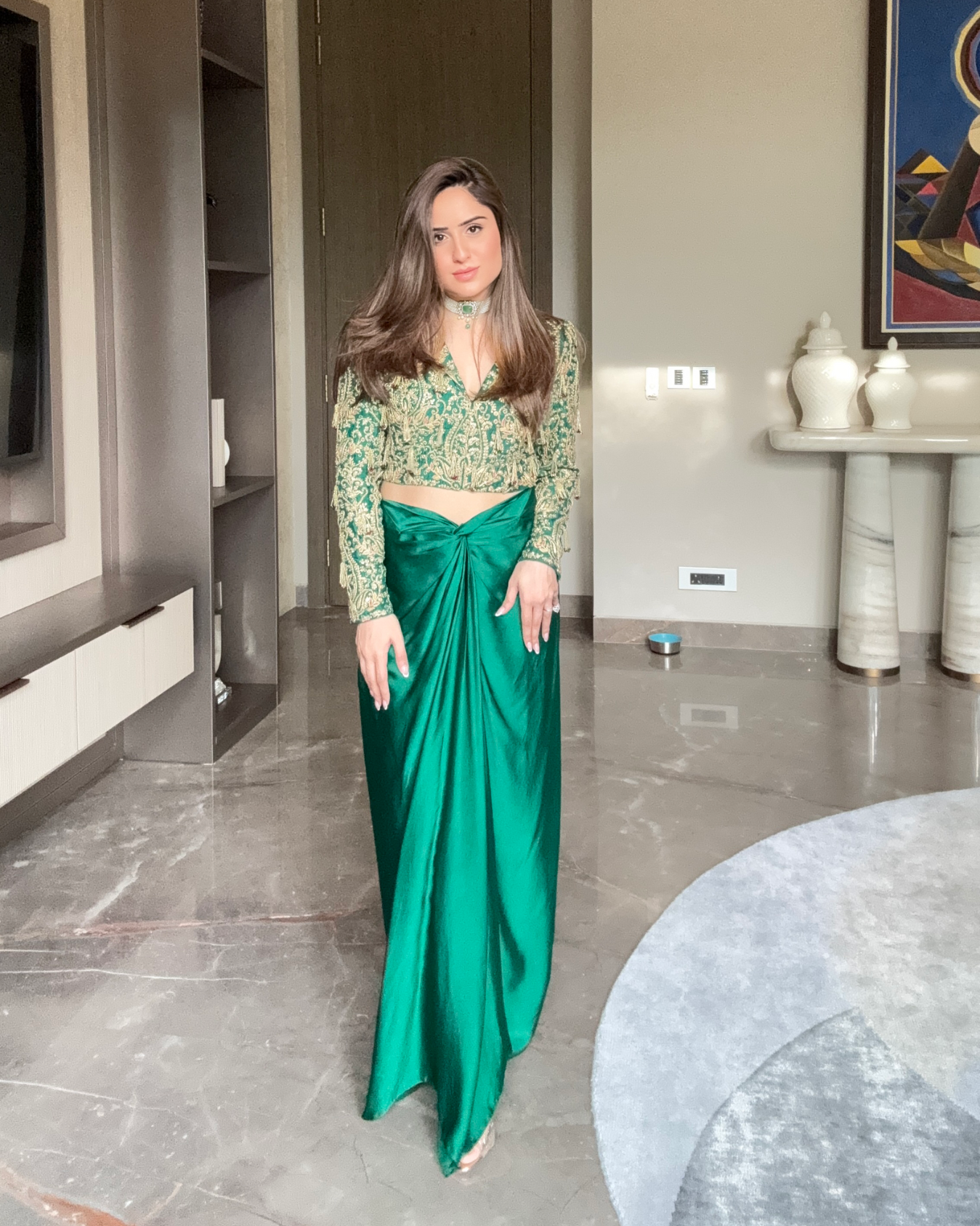 NIKITA VASDEV IN EMERALD GREEN TASSELED CROP JACKET SET