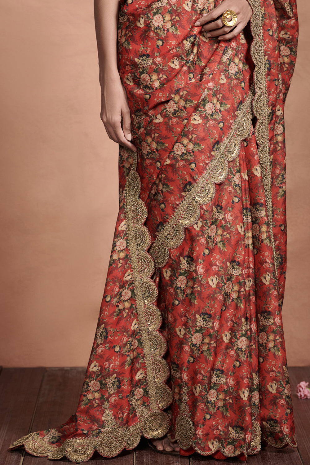 Nikki Mehra in Crimson Red Marori Work Print Saree