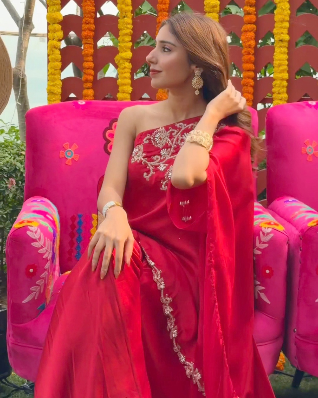 SHIVANI SOPRA in Maroon one shoulder sharara set