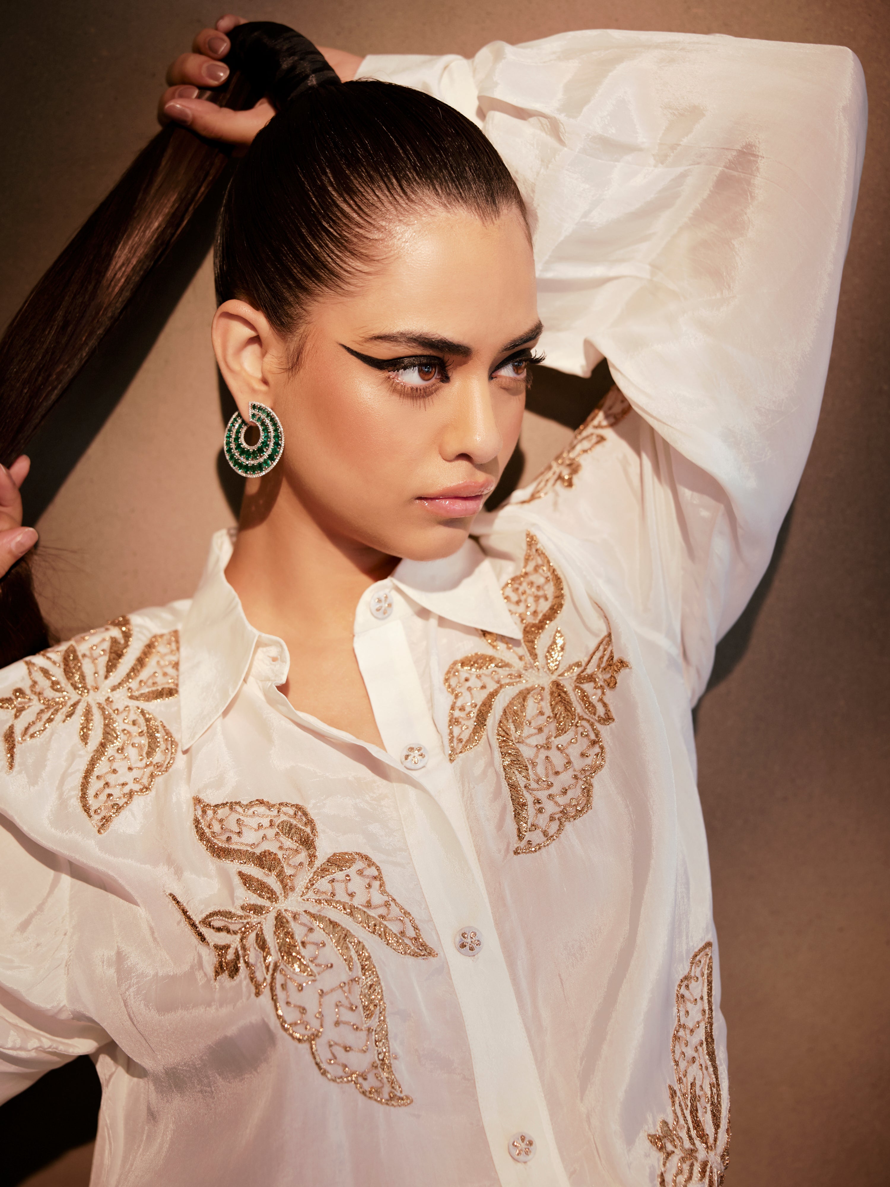 Ivory silk floral shirt coord set