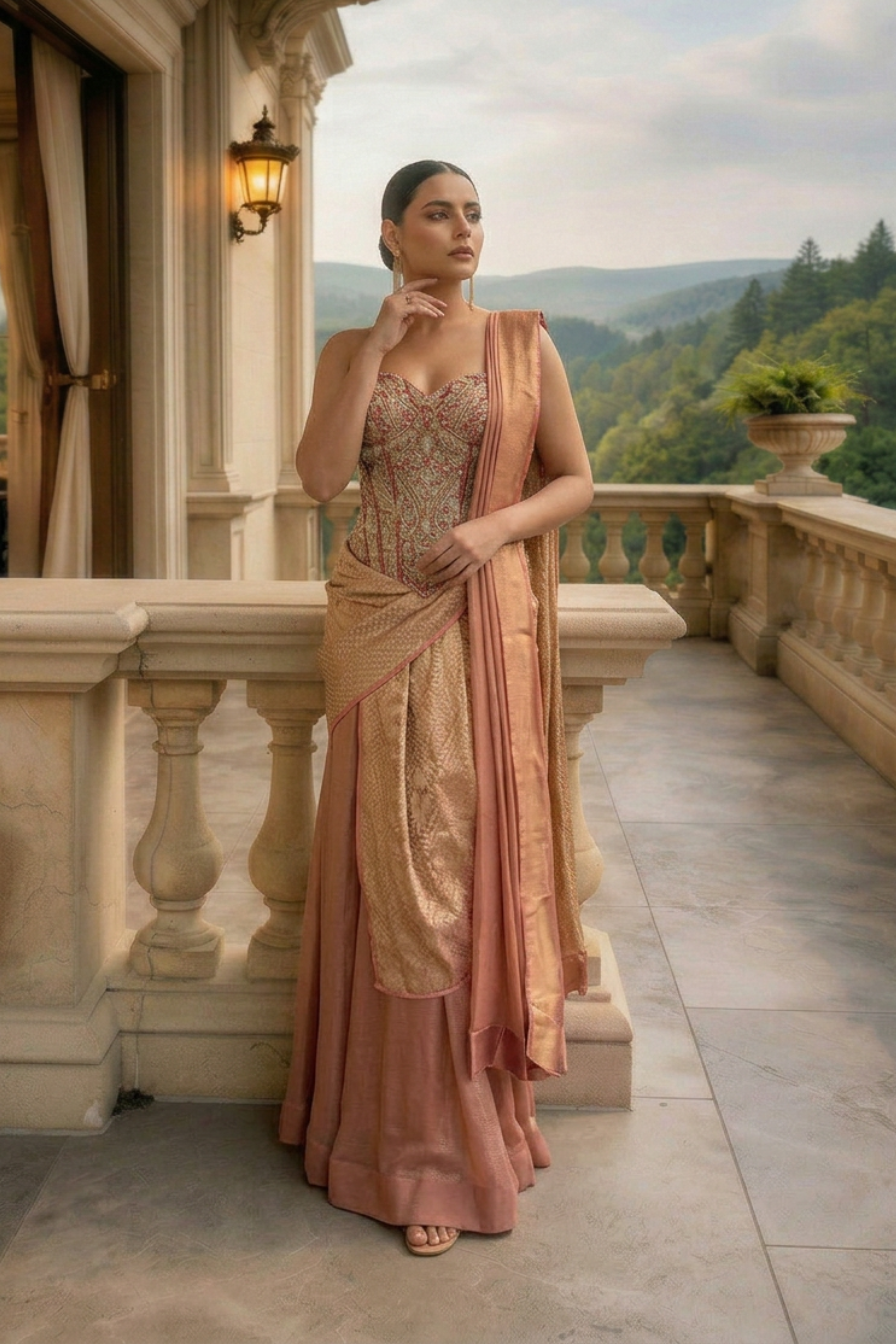 RUST TISSUE CORSET SAREE SET
