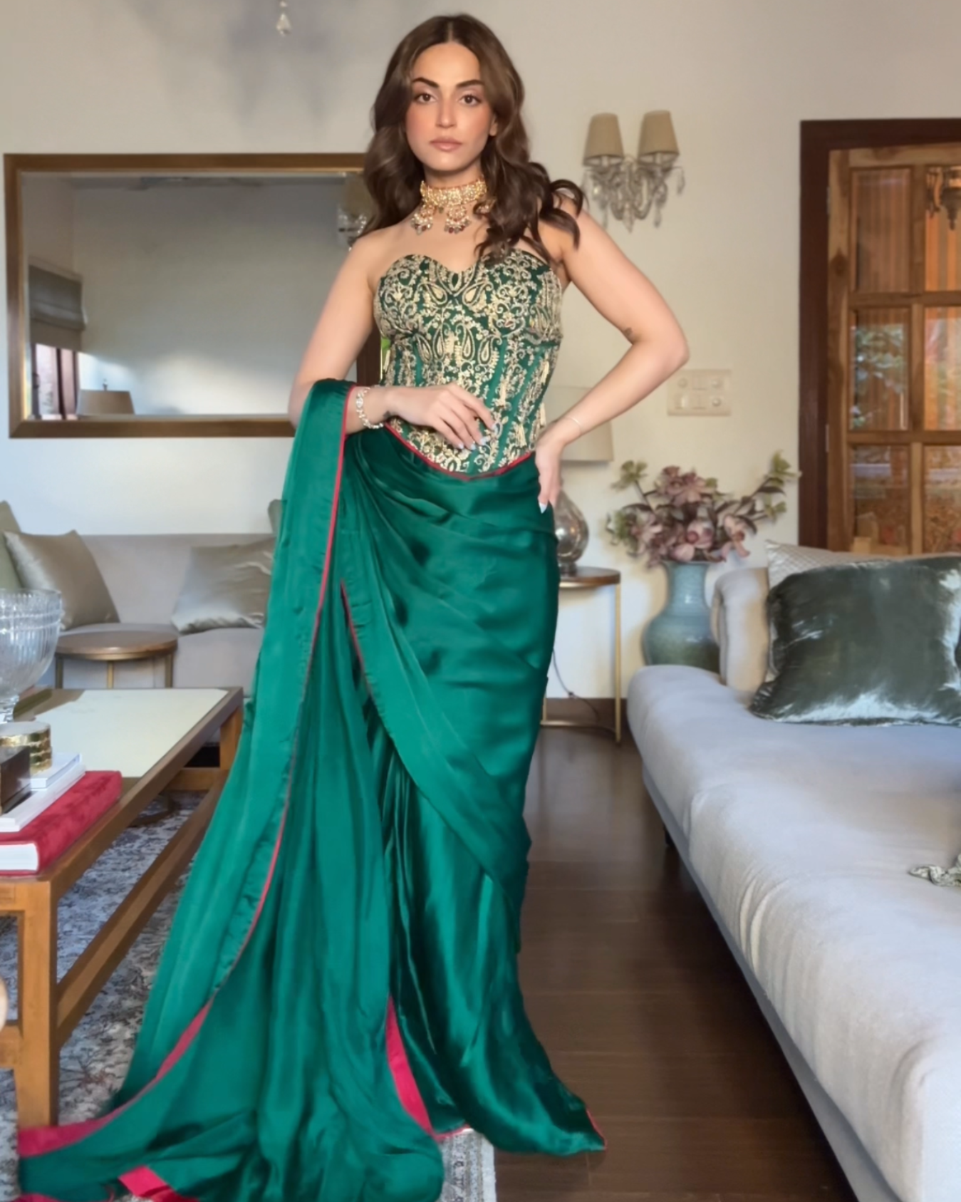 Mehak Bakshi in EMERALD GREEN HEAVY CORSET DRAPED SAREE SET