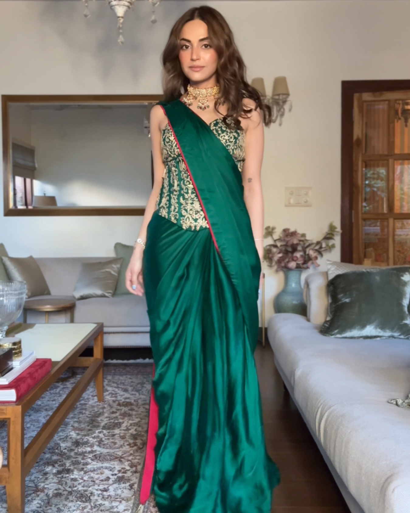 Mehak Bakshi in EMERALD GREEN HEAVY CORSET DRAPED SAREE SET