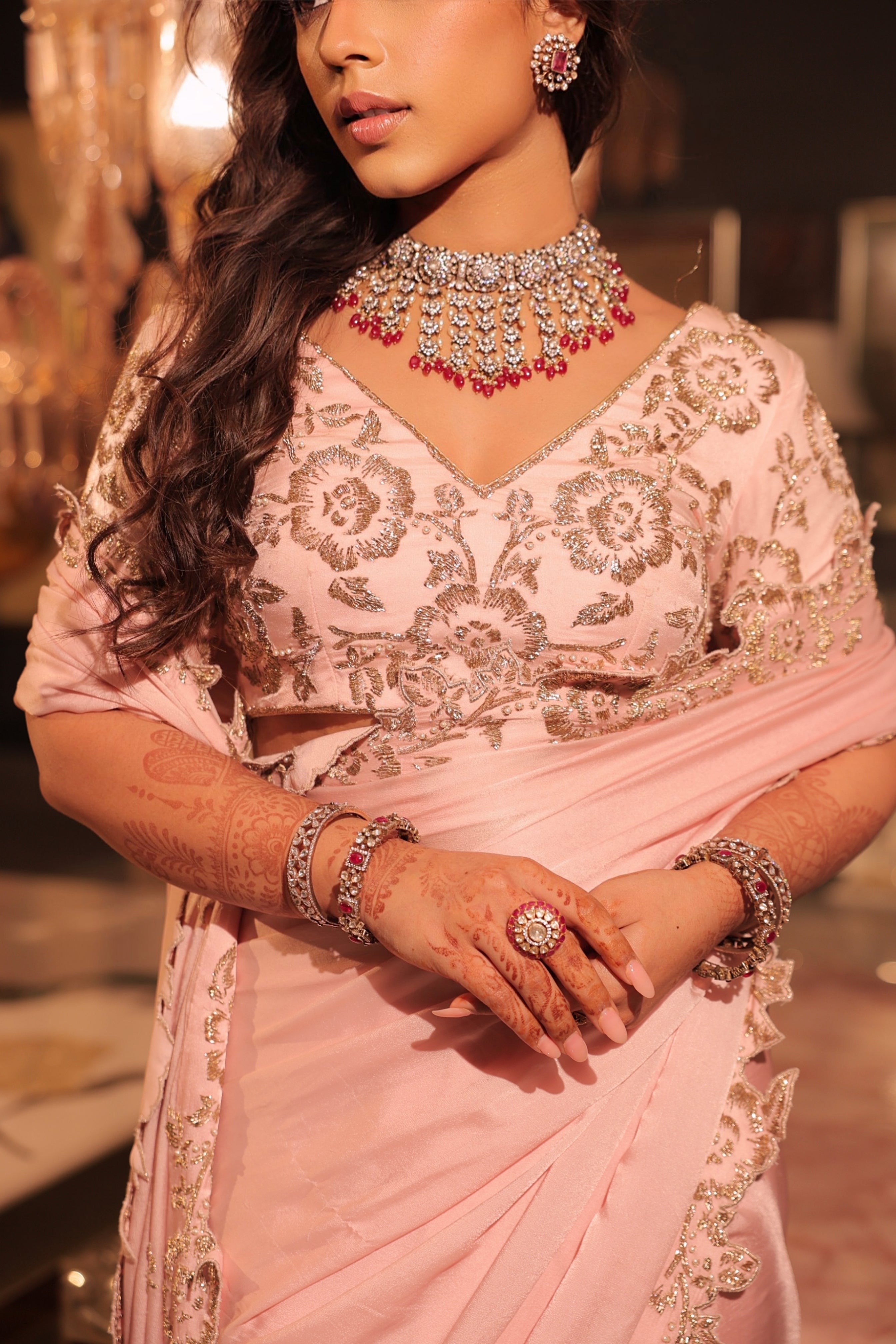 Rose pink floral saree set