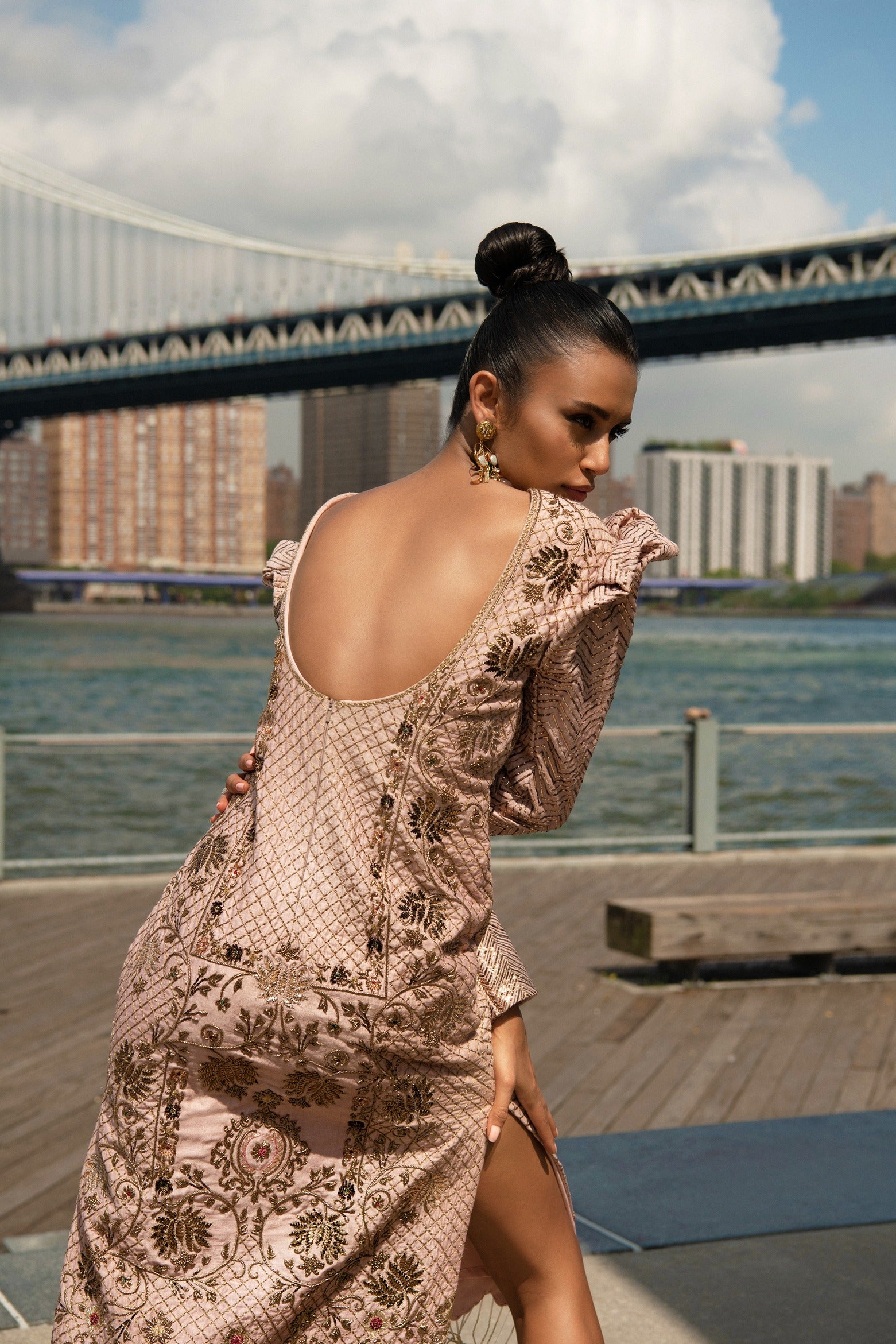 Rose gold embroidered slit dress