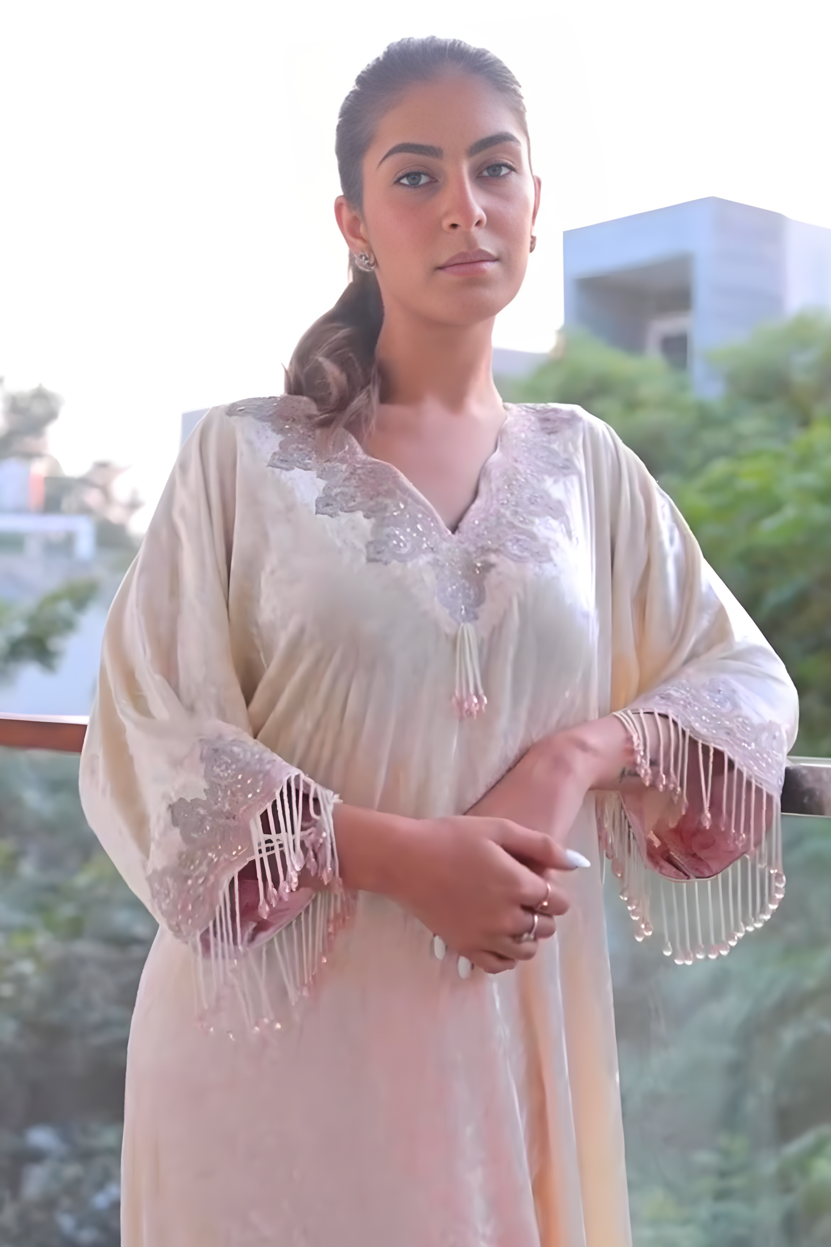 Rhea in Pearl white velvet long kurta & pink salwar