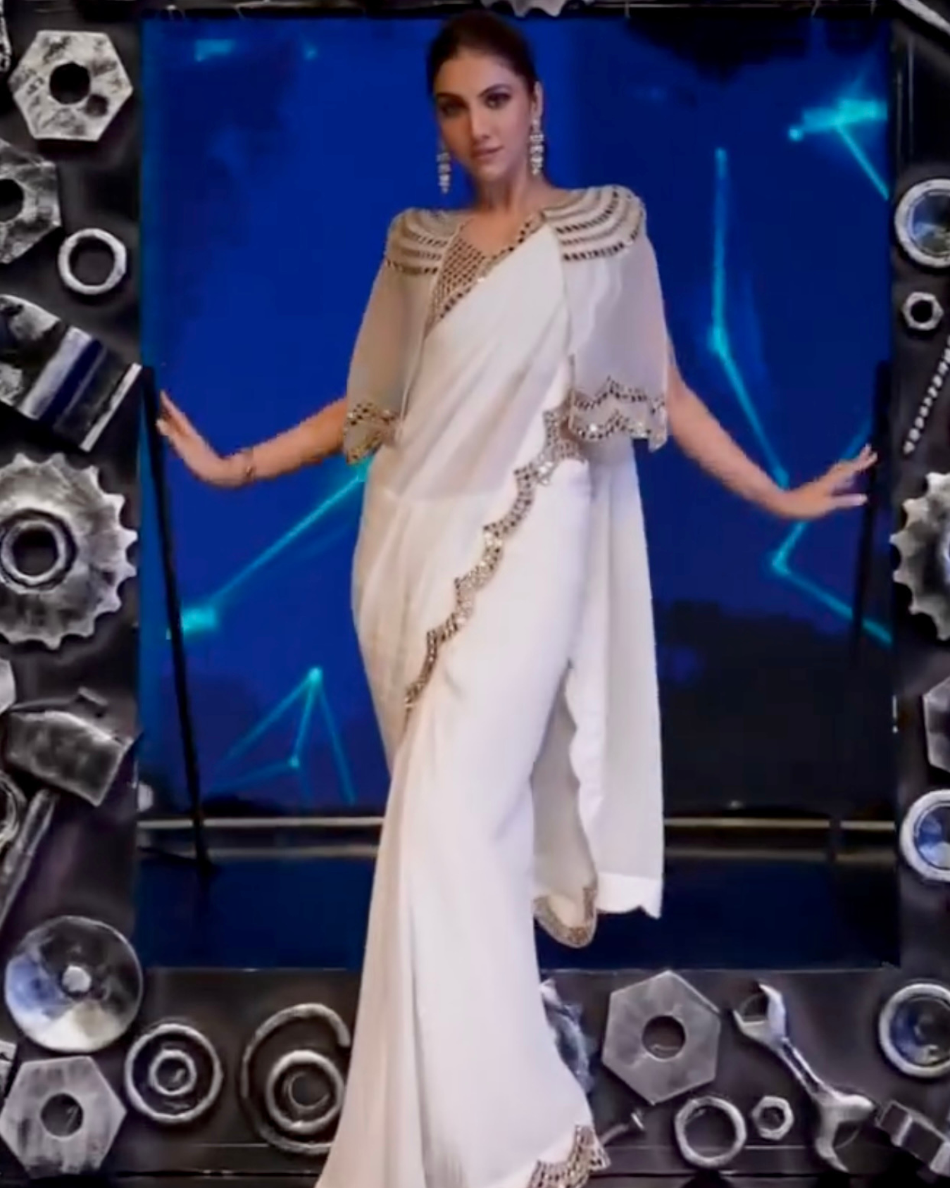 Rukmini Maitra in ivory pre draped mirror cape saree